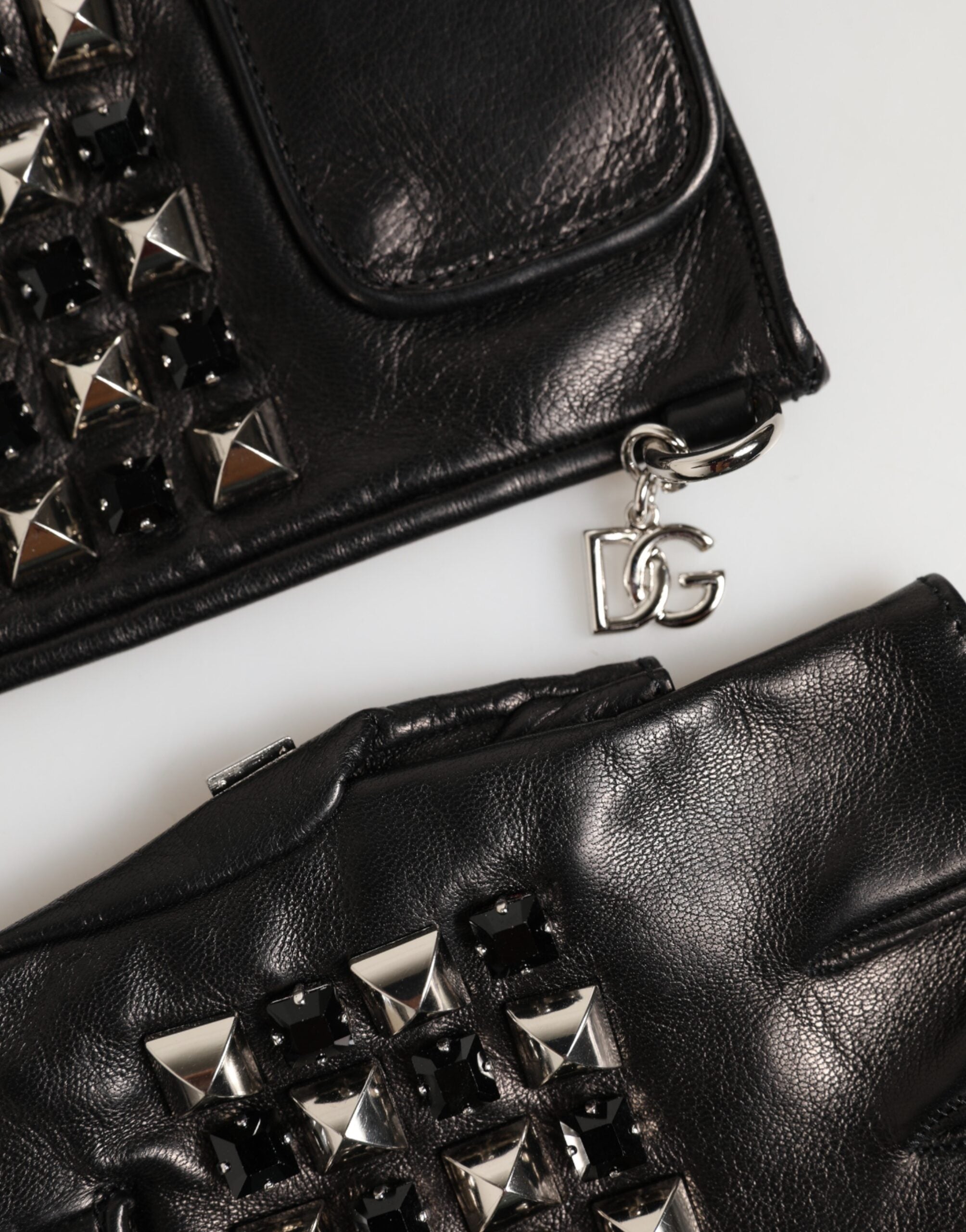 Dolce & Gabbana Schwarze Fingerlose Herren-Handschuhe aus Leder mit Nieten