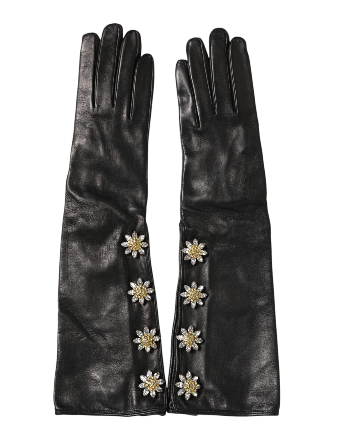 Dolce & Gabbana Schwarze Lange Handschuhe aus Leder mit Verzierungen