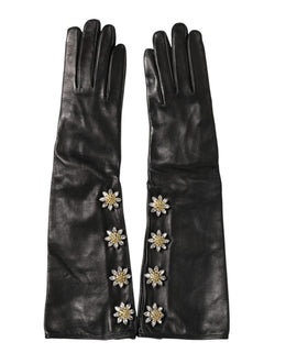 Dolce & Gabbana Schwarze Lange Handschuhe aus Leder mit Verzierungen