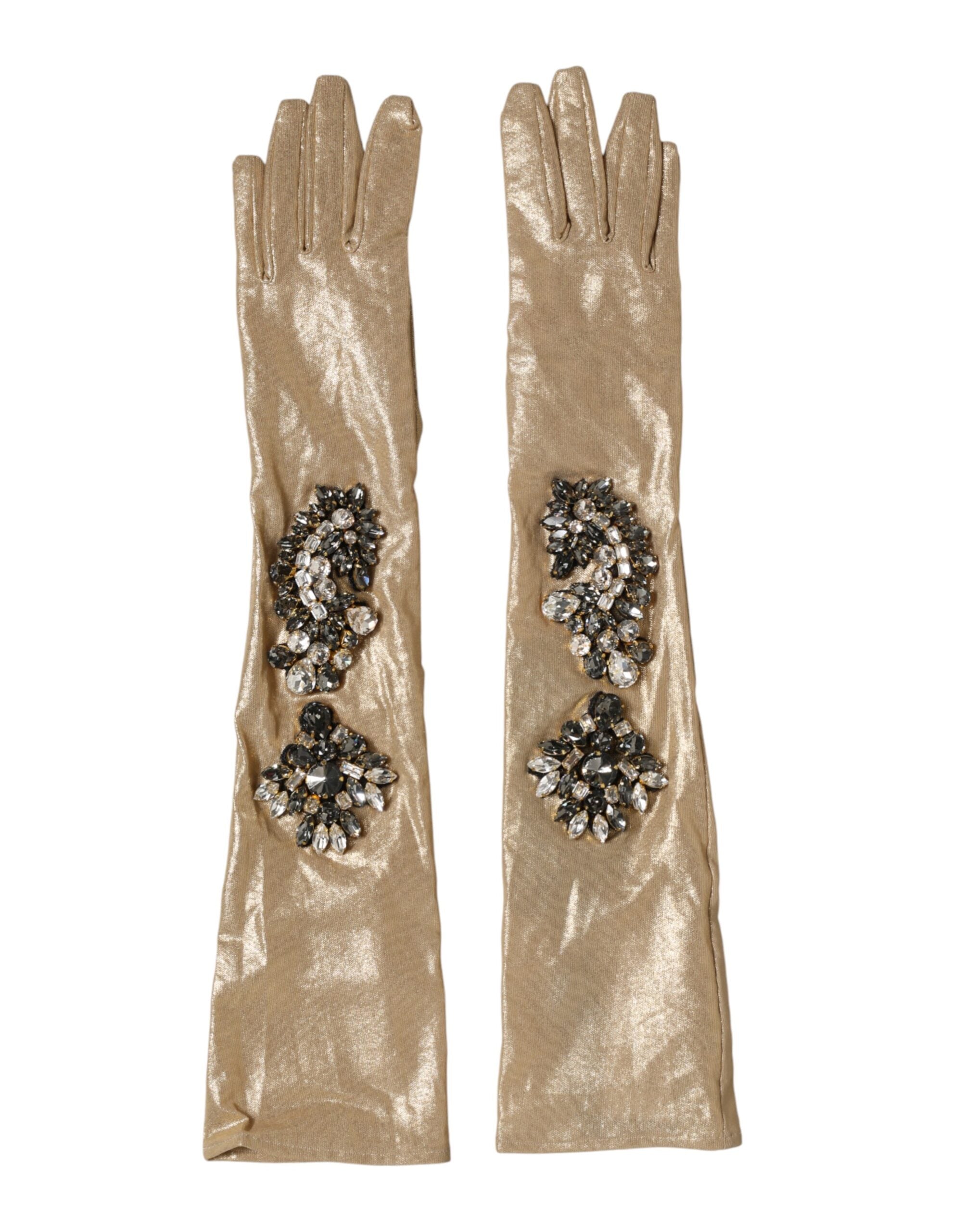 Dolce & Gabbana Beigefarbene Satin-Kristall-Ellbogenhandschuhe