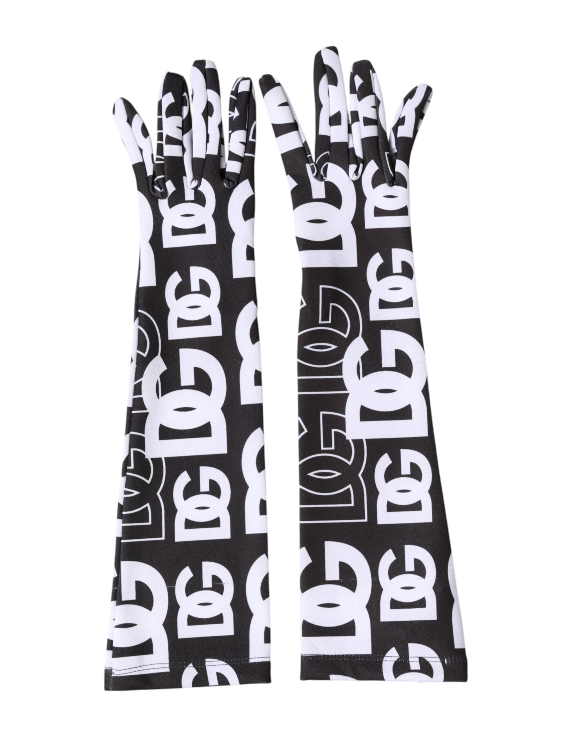 Dolce & Gabbana Schwarze und Weiße DG Logo Ellenbogenlange Fingerhandschuhe