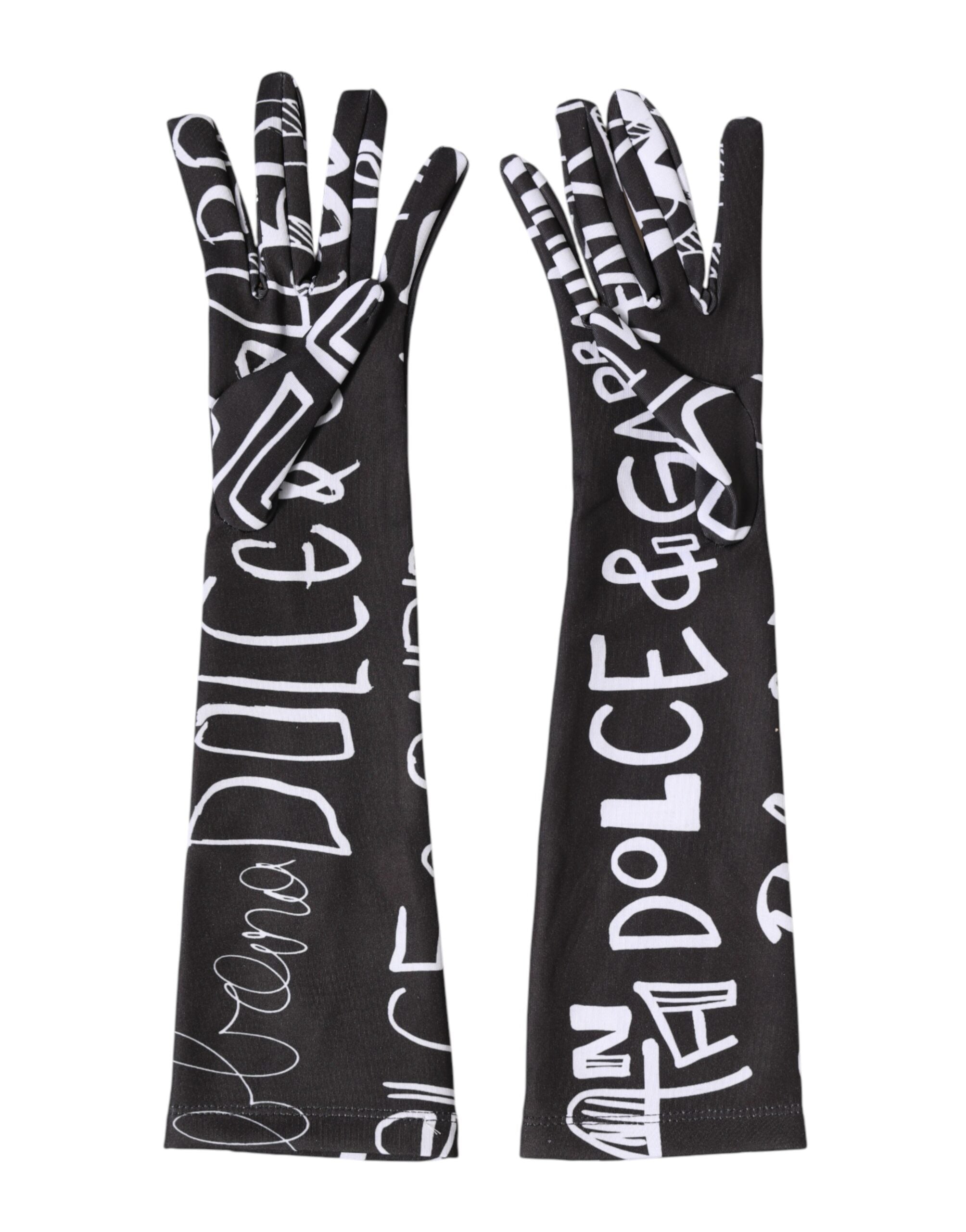 Dolce & Gabbana Schwarze und Weiße DG Logo Ellenbogenlange Fingerhandschuhe