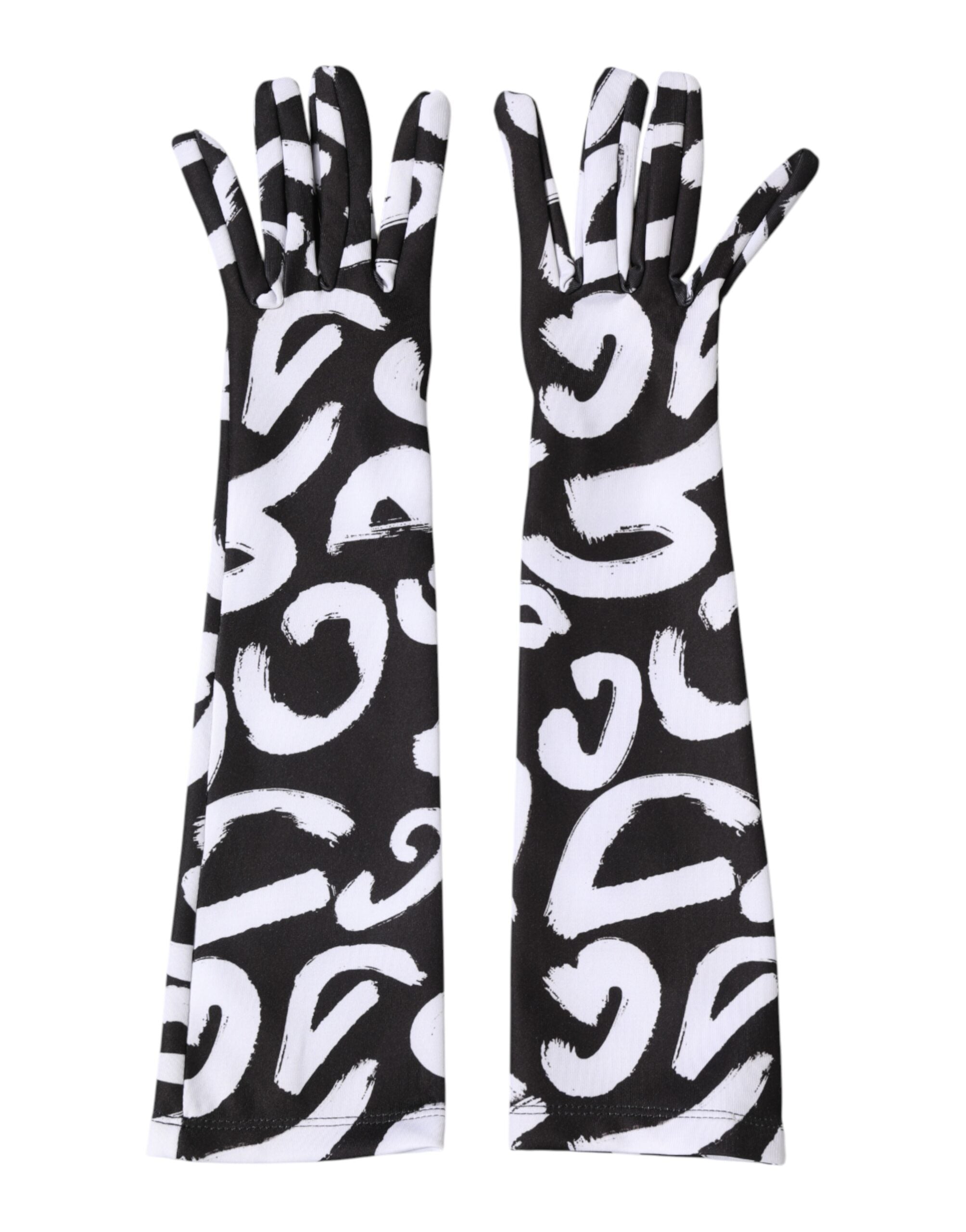 Dolce & Gabbana Schwarze und Weiße DG Logo Ellenbogenlange Fingerhandschuhe