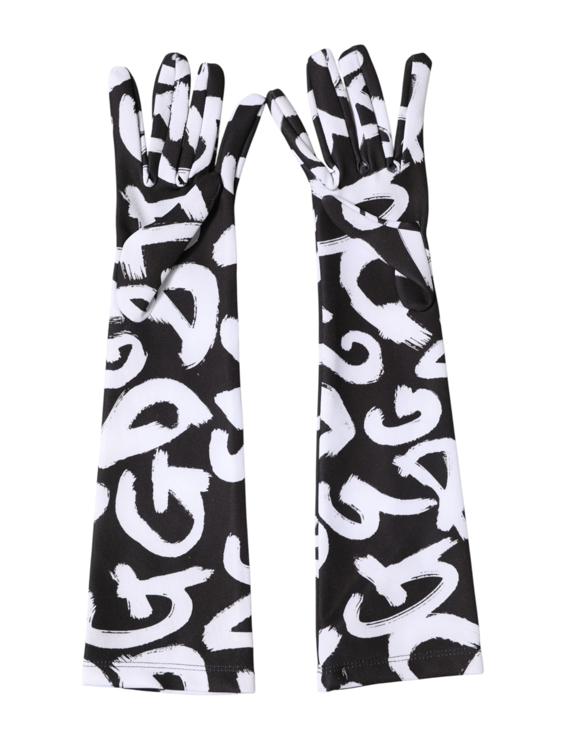 Dolce & Gabbana Schwarze und Weiße DG Logo Ellenbogenlange Fingerhandschuhe