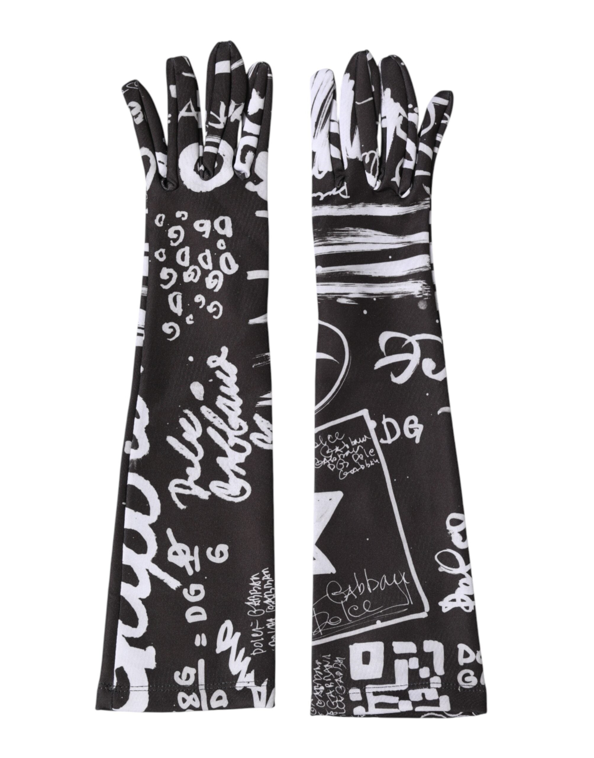 Dolce & Gabbana Schwarze und Weiße DG Logo Ellenbogenlange Fingerhandschuhe