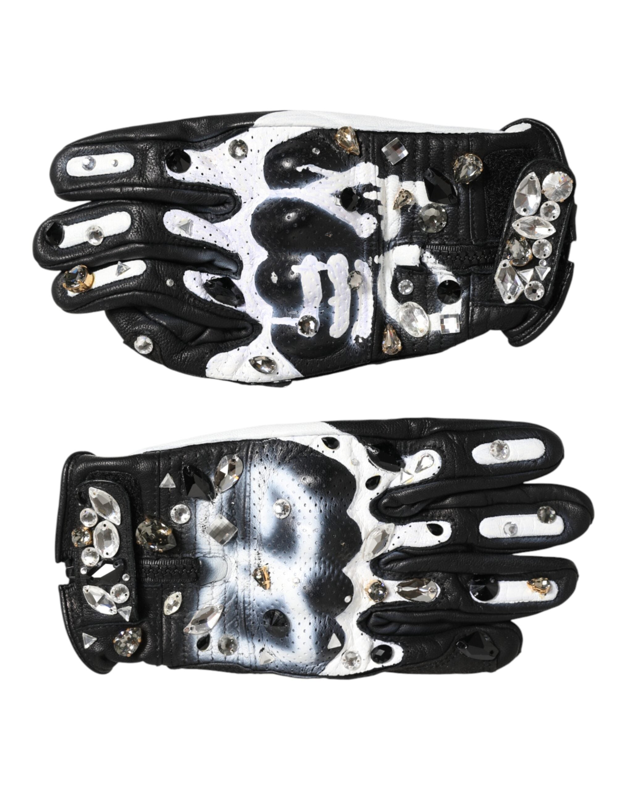 Dolce & Gabbana Handschuhe Schwarz Weiß Kristall Handgelenk Länge Fäustlinge