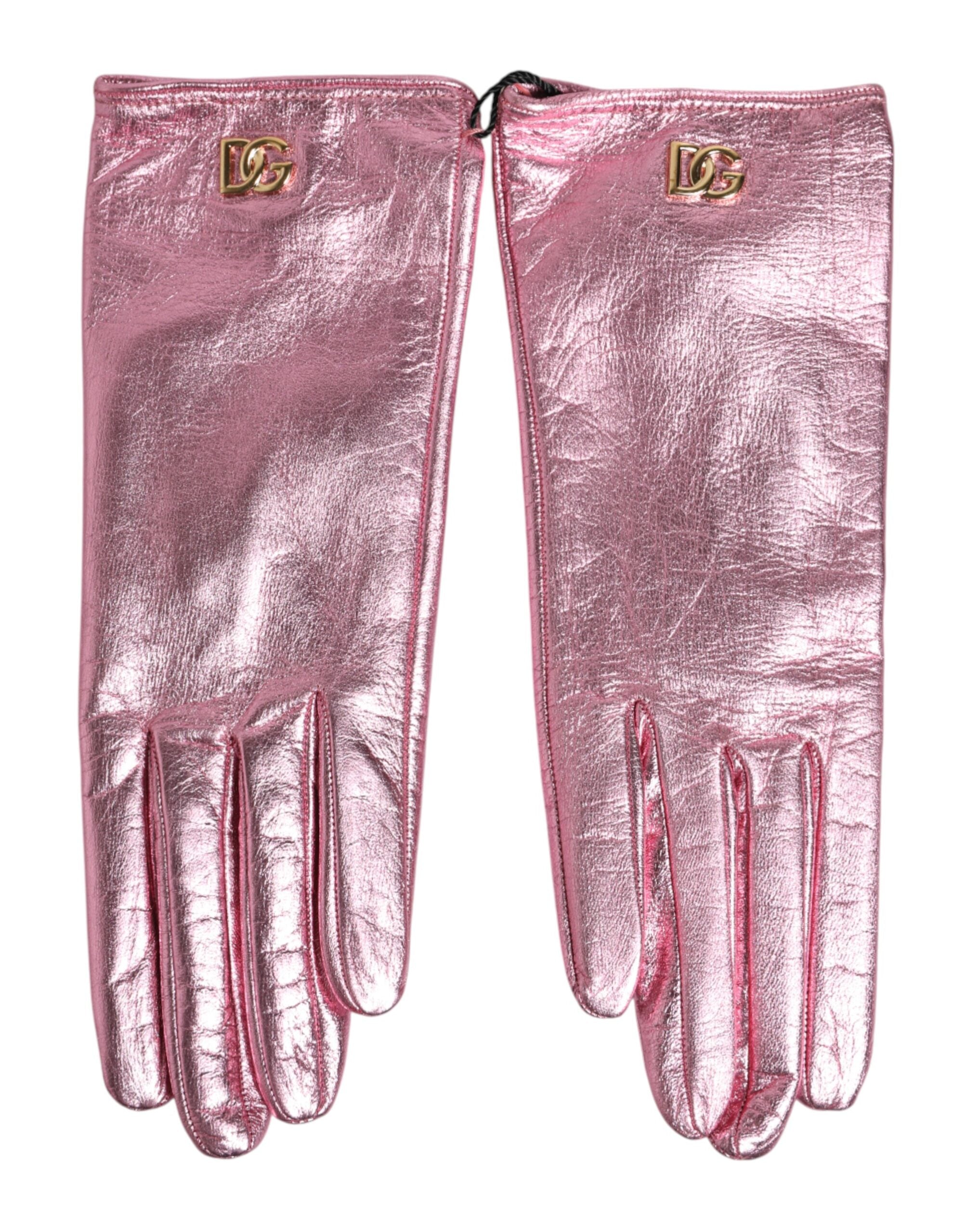 Dolce & Gabbana Rosa Lederhandschuhe mit DG-Logo und Stulpe
