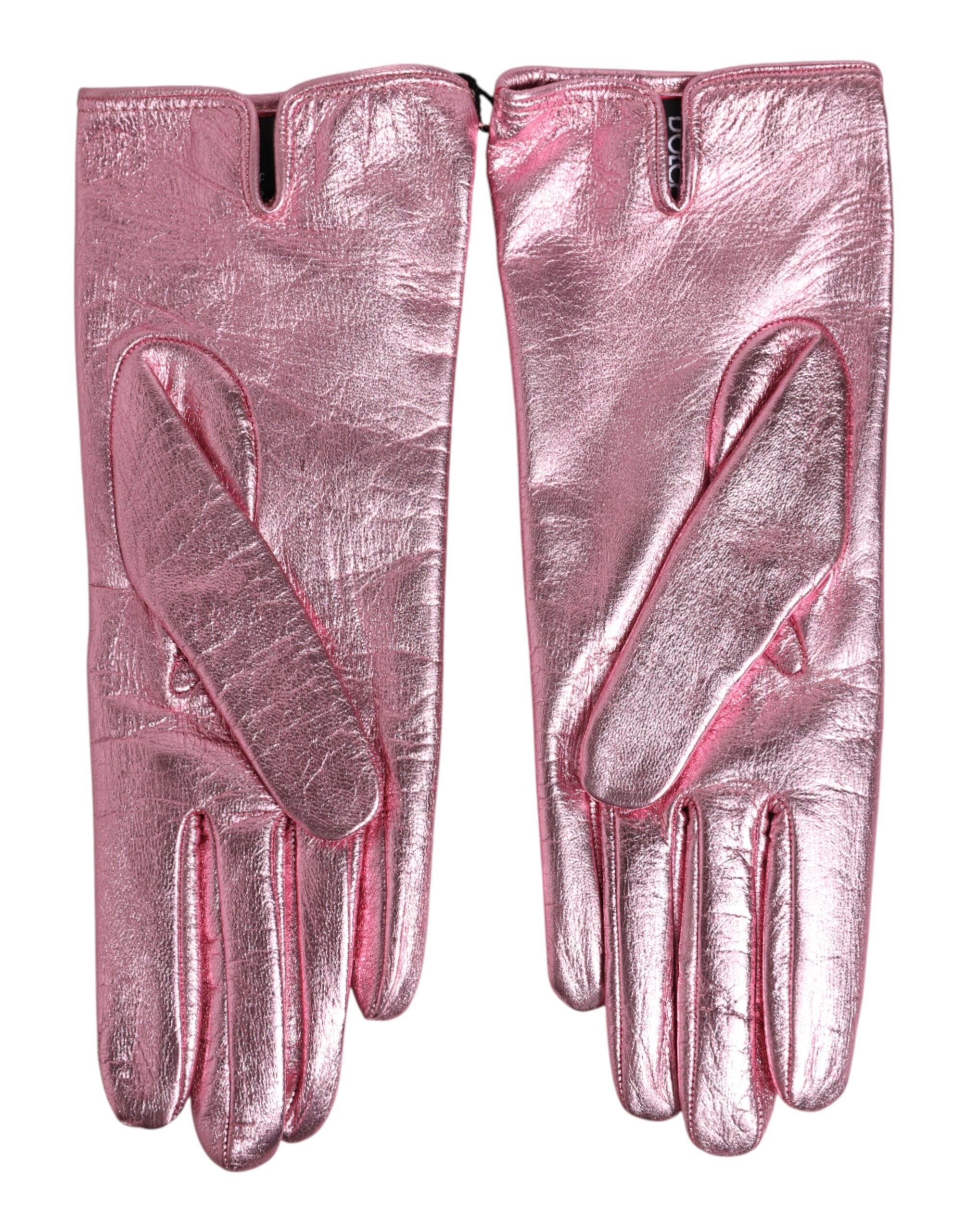 Dolce & Gabbana Rosa Lederhandschuhe mit DG-Logo und Stulpe
