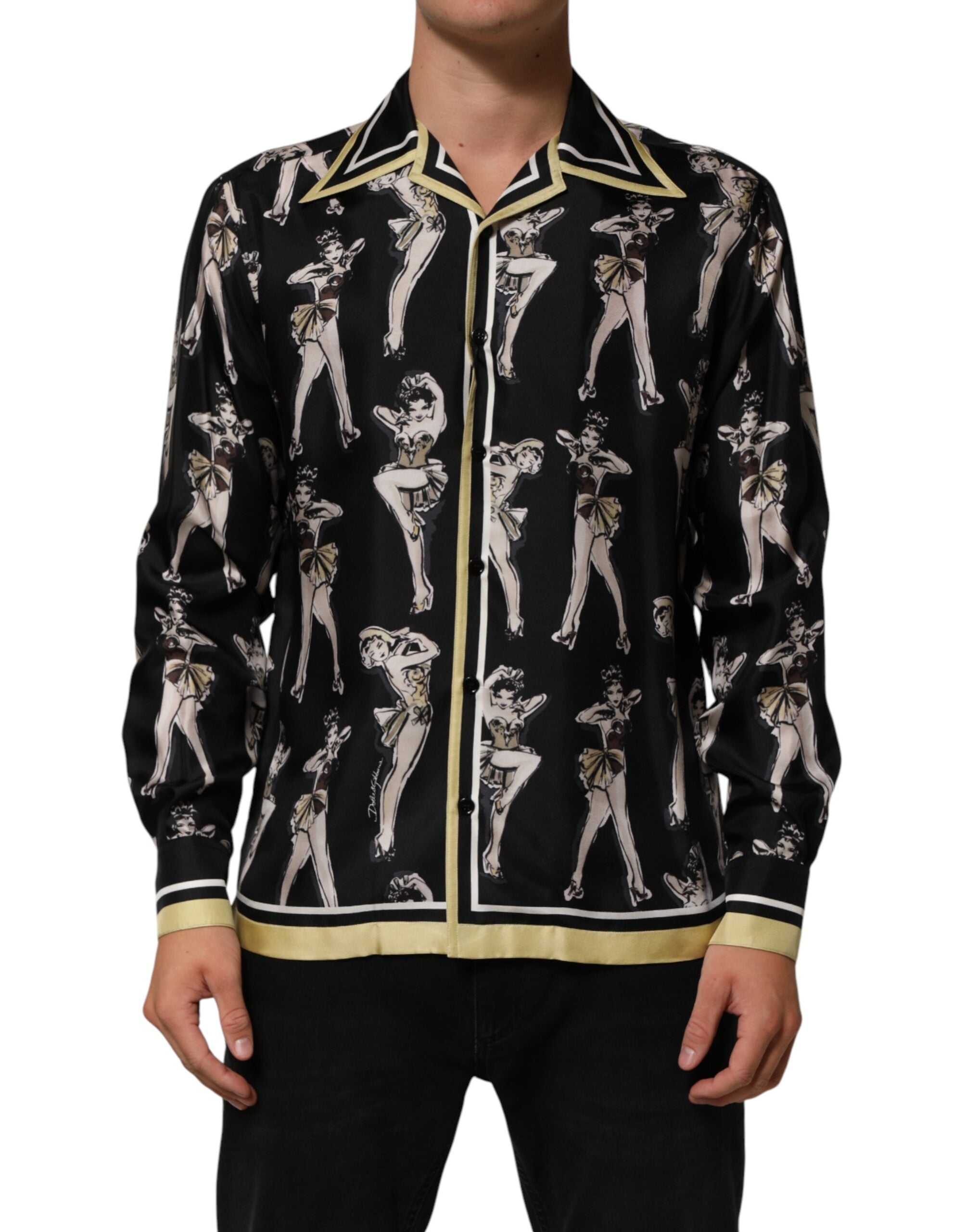 Dolce & Gabbana Schwarzes Seidenhemd mit Pin-Up-Print und Knopfleiste