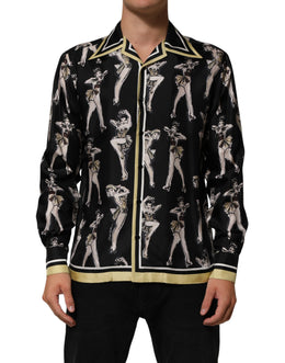 Dolce & Gabbana Schwarzes Seidenhemd mit Pin-Up-Print und Knopfleiste
