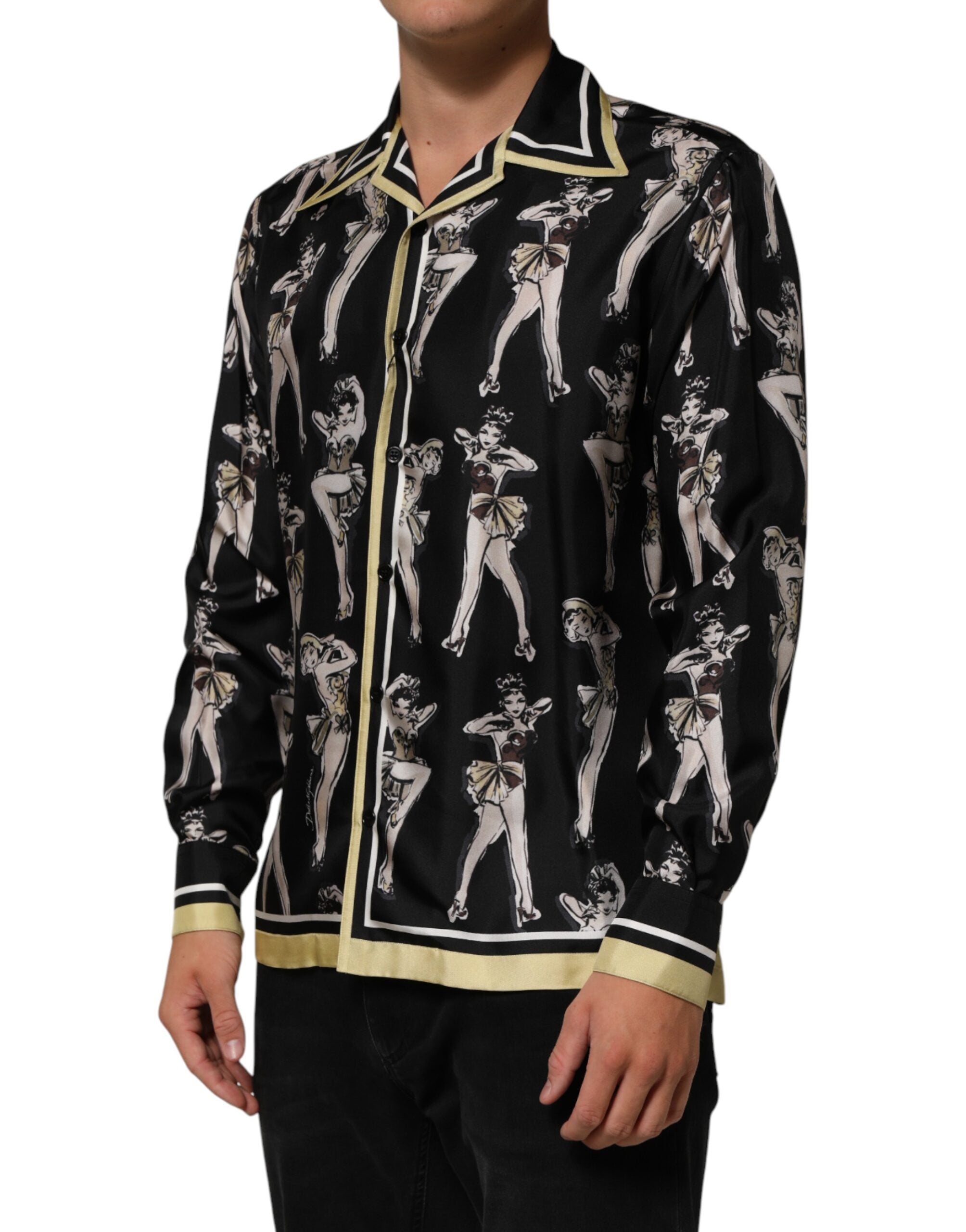 Dolce & Gabbana Schwarzes Seidenhemd mit Pin-Up-Print und Knopfleiste
