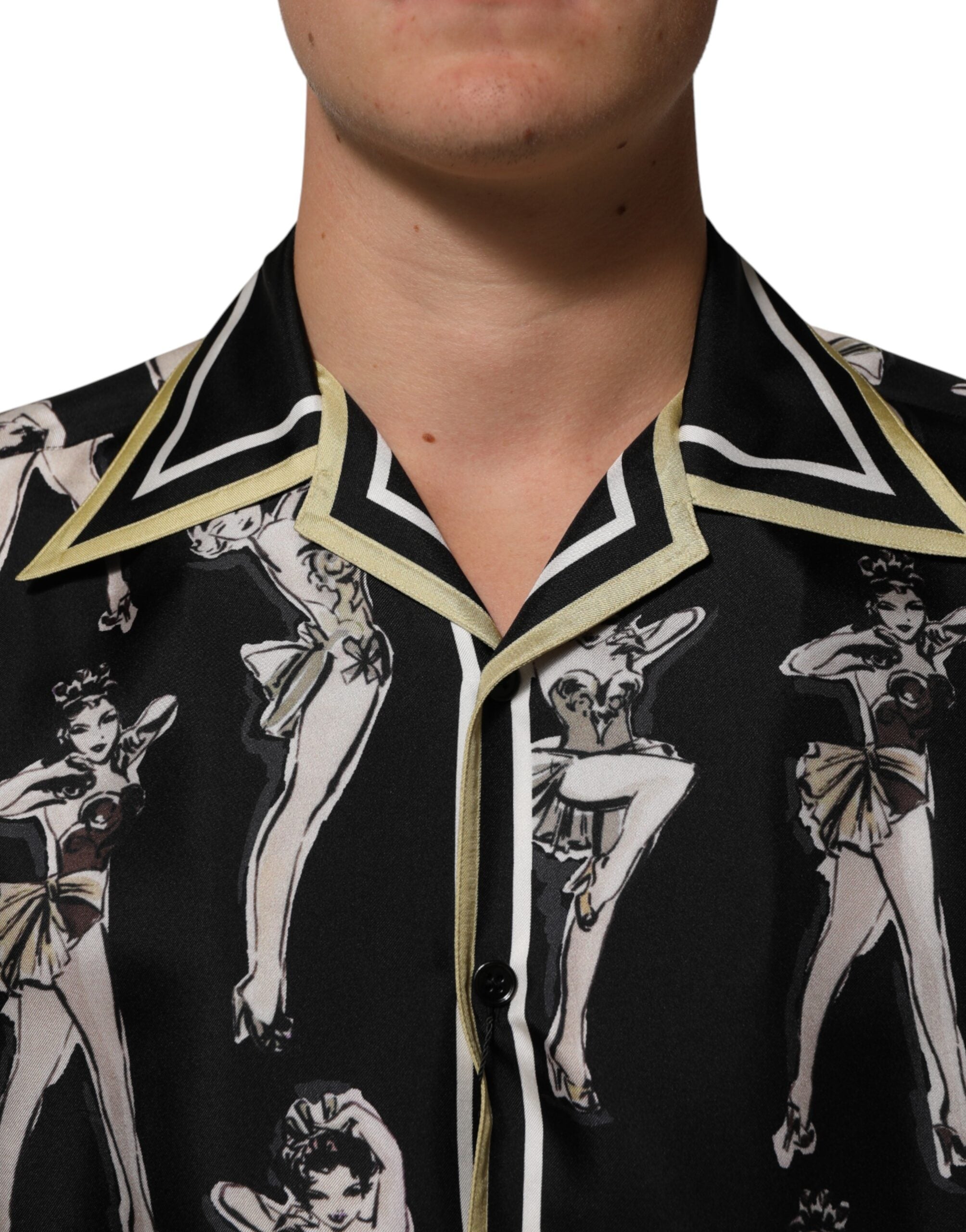 Dolce & Gabbana Schwarzes Seidenhemd mit Pin-Up-Print und Knopfleiste