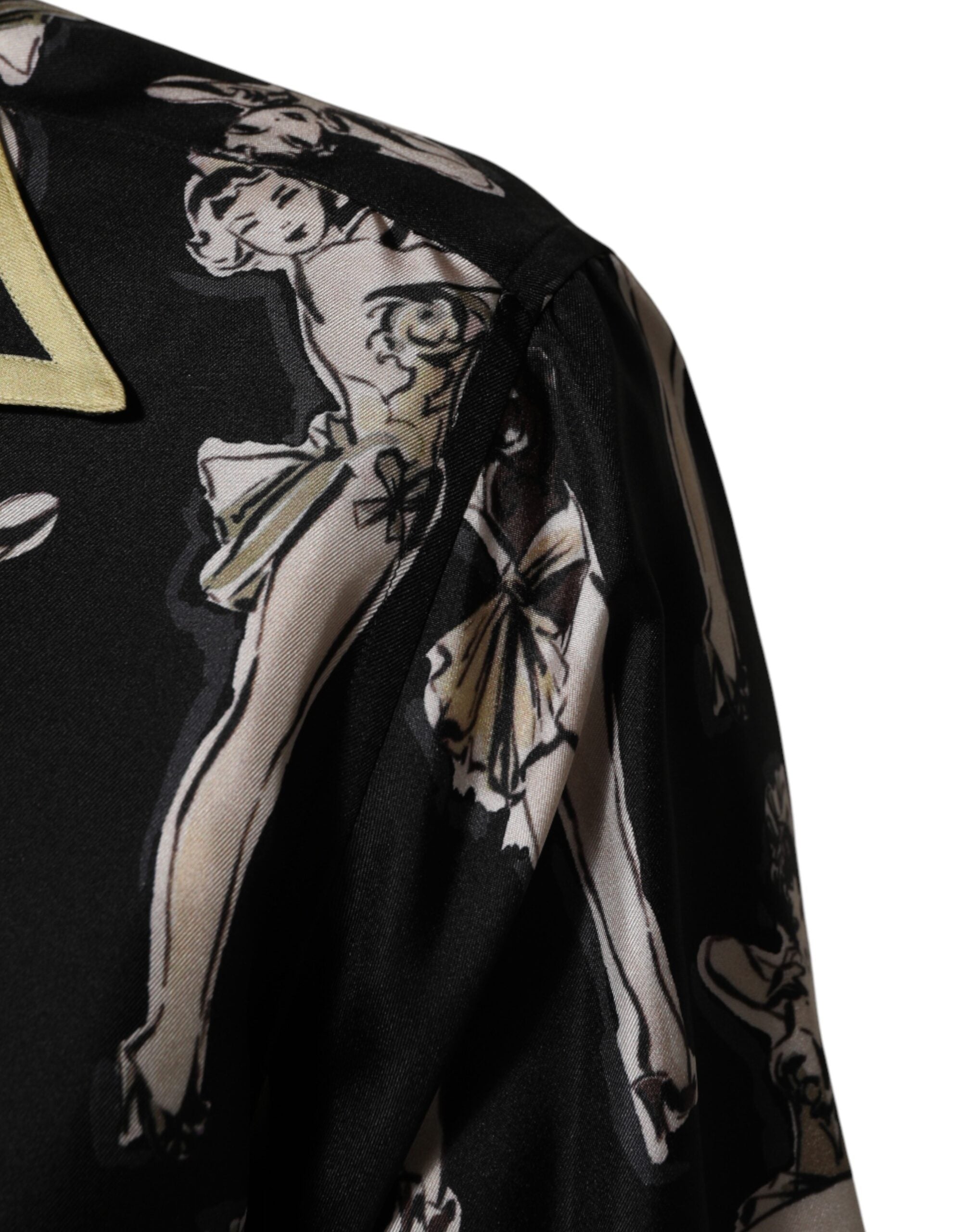 Dolce & Gabbana Schwarzes Seidenhemd mit Pin-Up-Print und Knopfleiste
