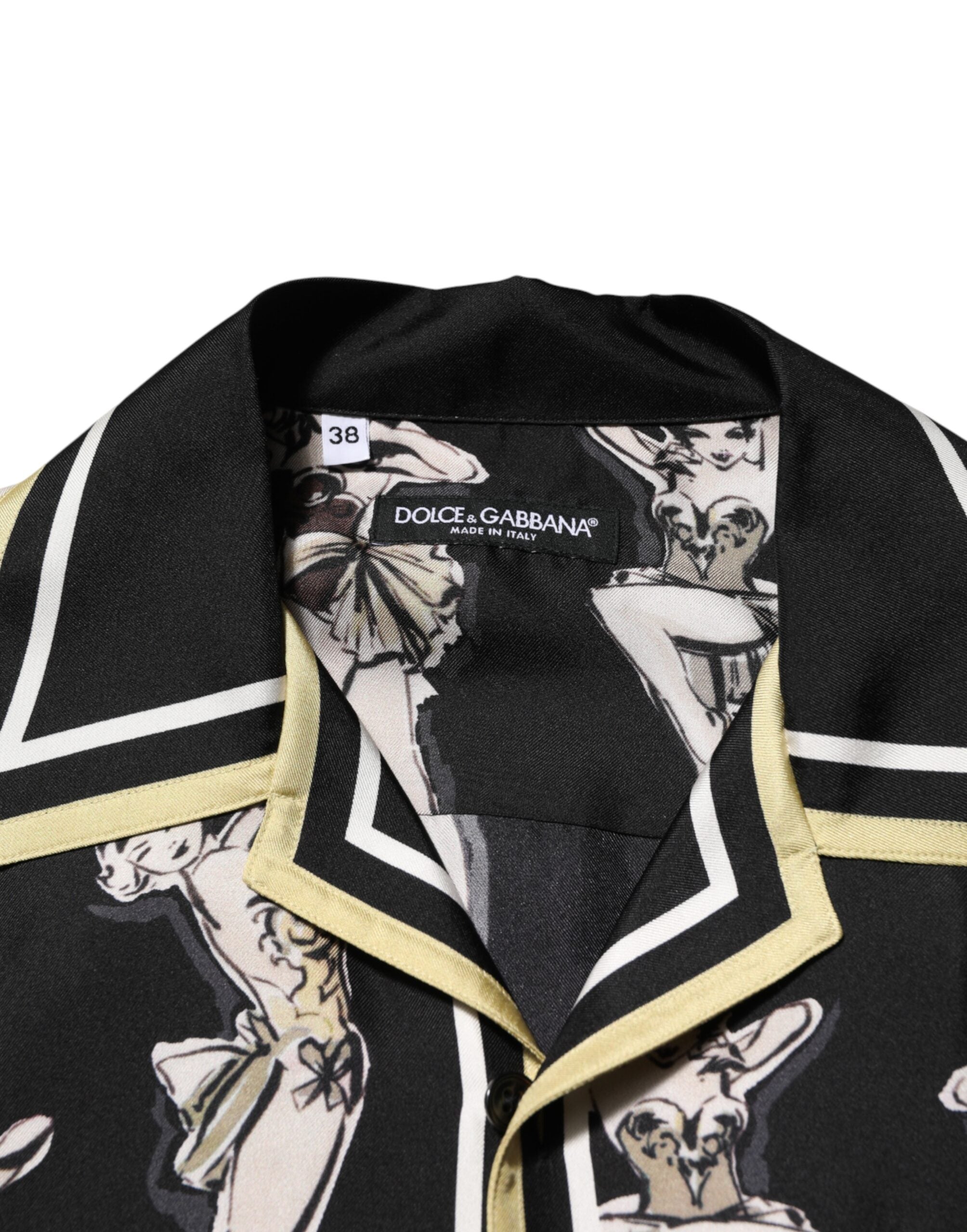 Dolce & Gabbana Schwarzes Seidenhemd mit Pin-Up-Print und Knopfleiste