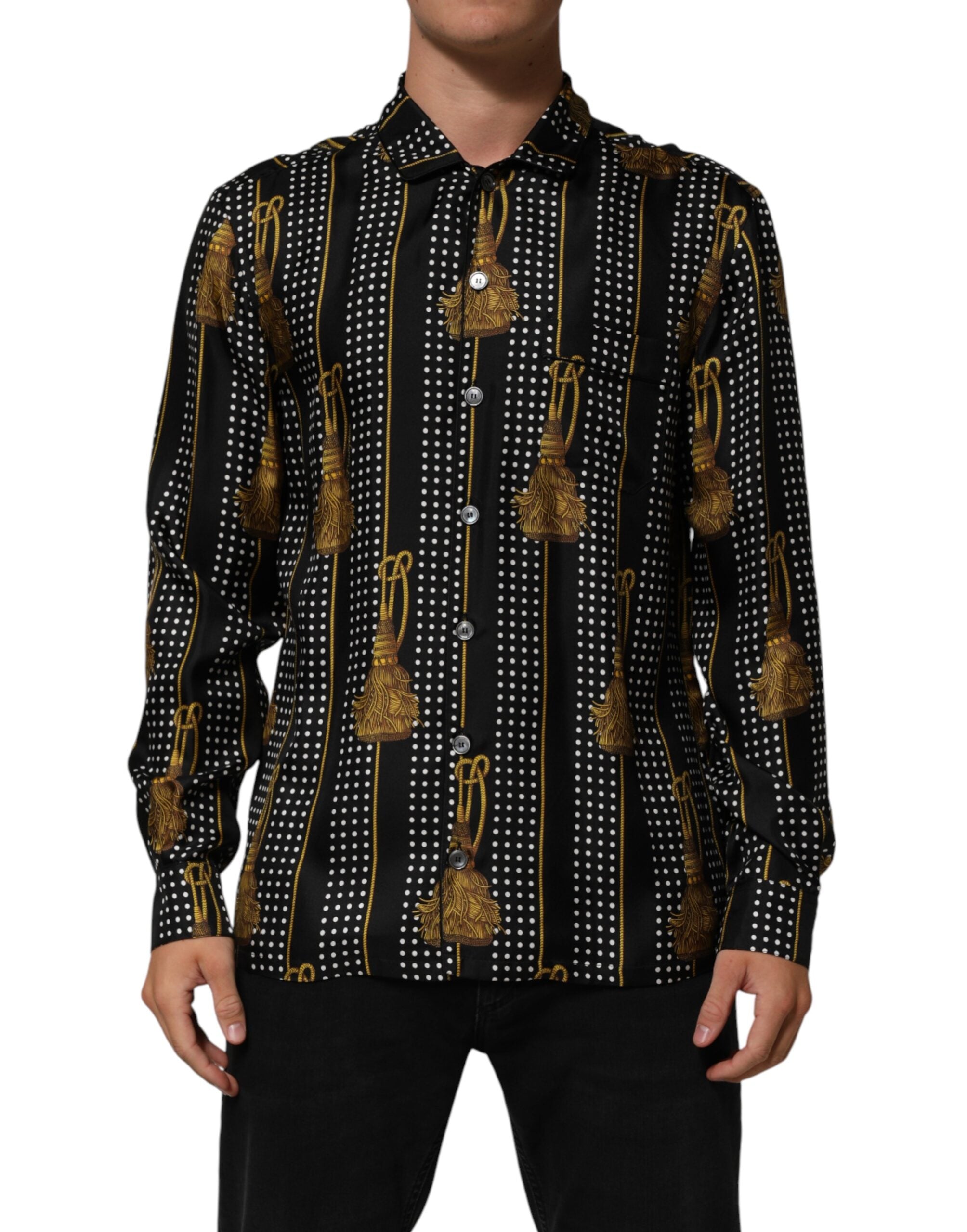Dolce & Gabbana Schwarzes Seidenhemd mit Tupfen und Quasten