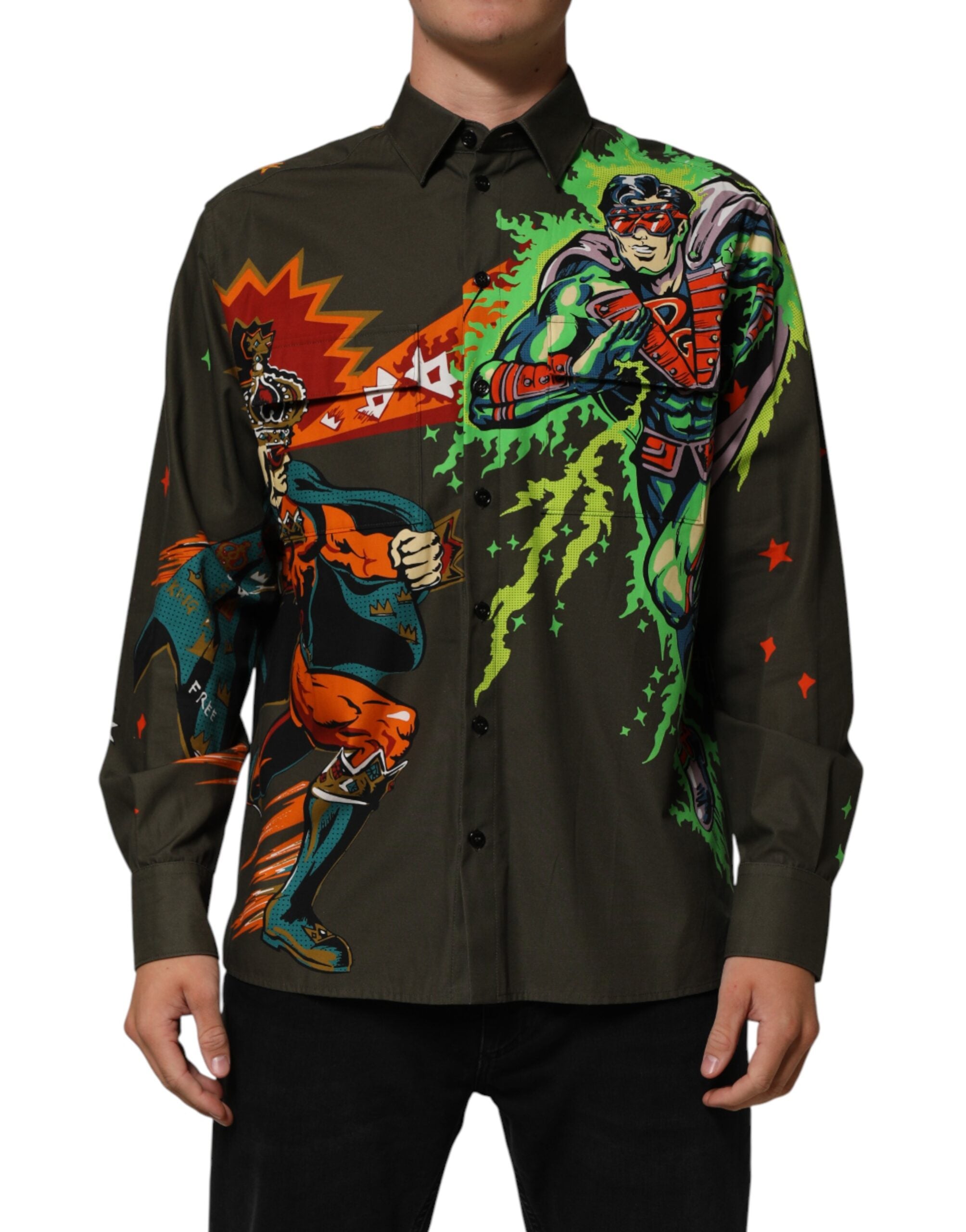 Dolce & Gabbana Hemd mit Superhelden-Print und Knopfleiste in Braun