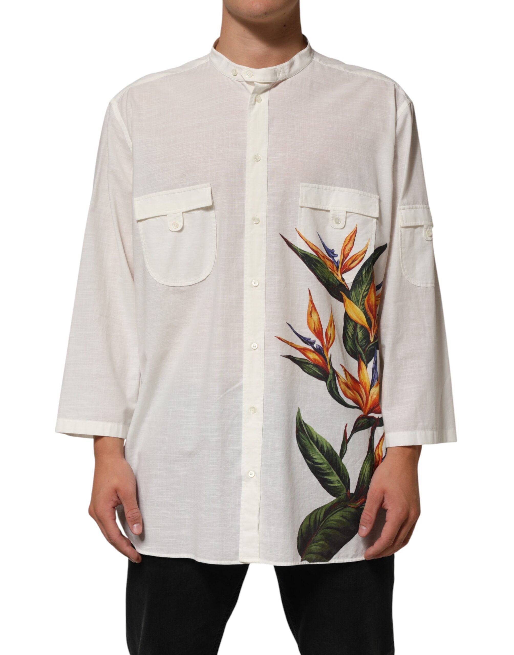Dolce & Gabbana Weißes Baumwollhemd mit Blumenmuster und Knopfleiste