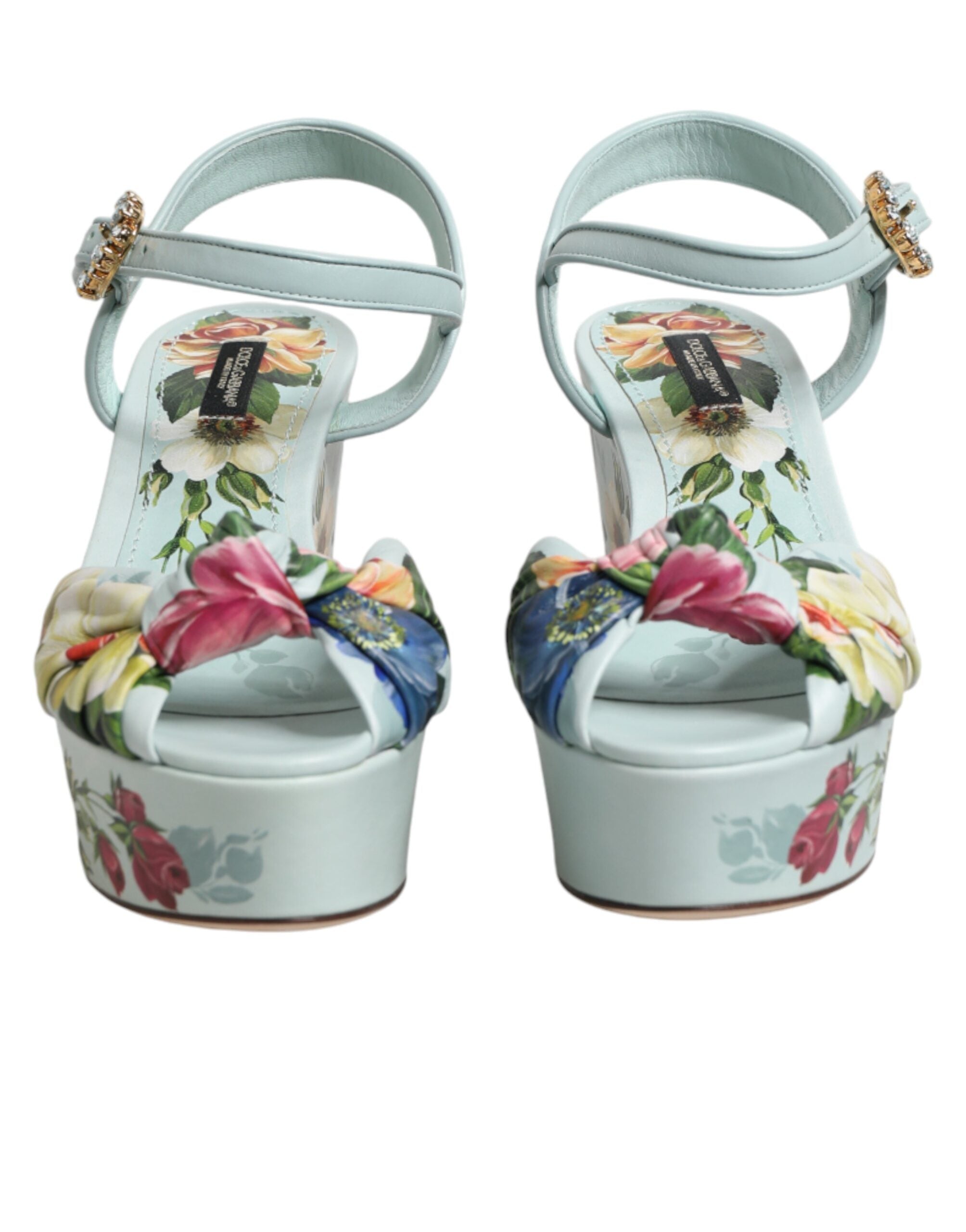 Dolce & Gabbana Grüne Blumen-Sandalen mit Knöchelriemen und Keilabsatz