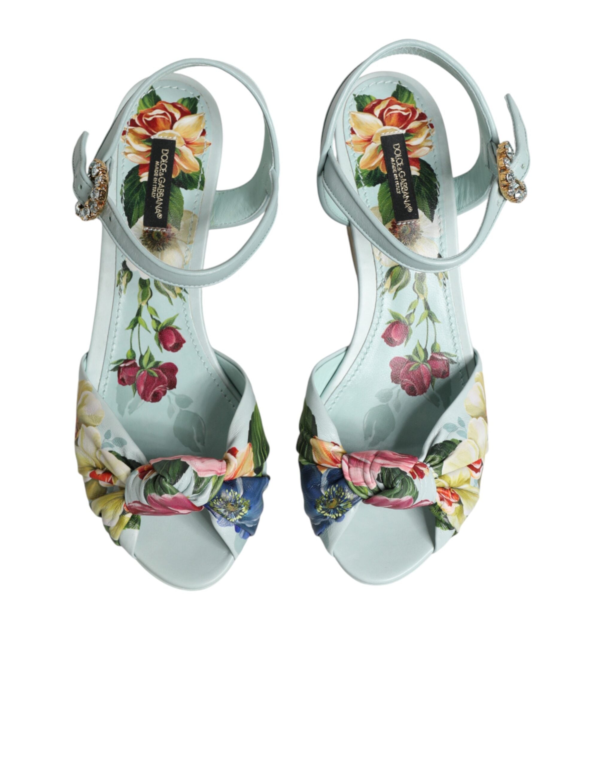 Dolce & Gabbana Grüne Blumen-Sandalen mit Knöchelriemen und Keilabsatz