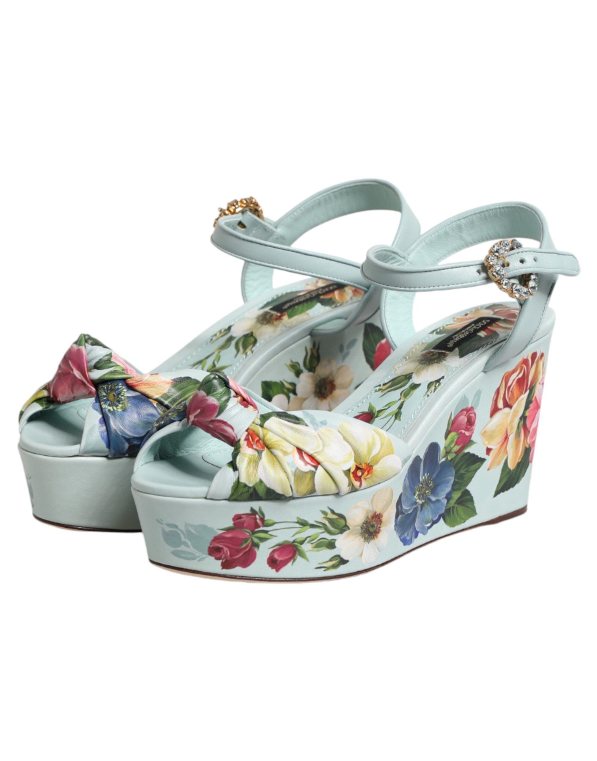 Dolce & Gabbana Grüne Blumen-Sandalen mit Knöchelriemen und Keilabsatz