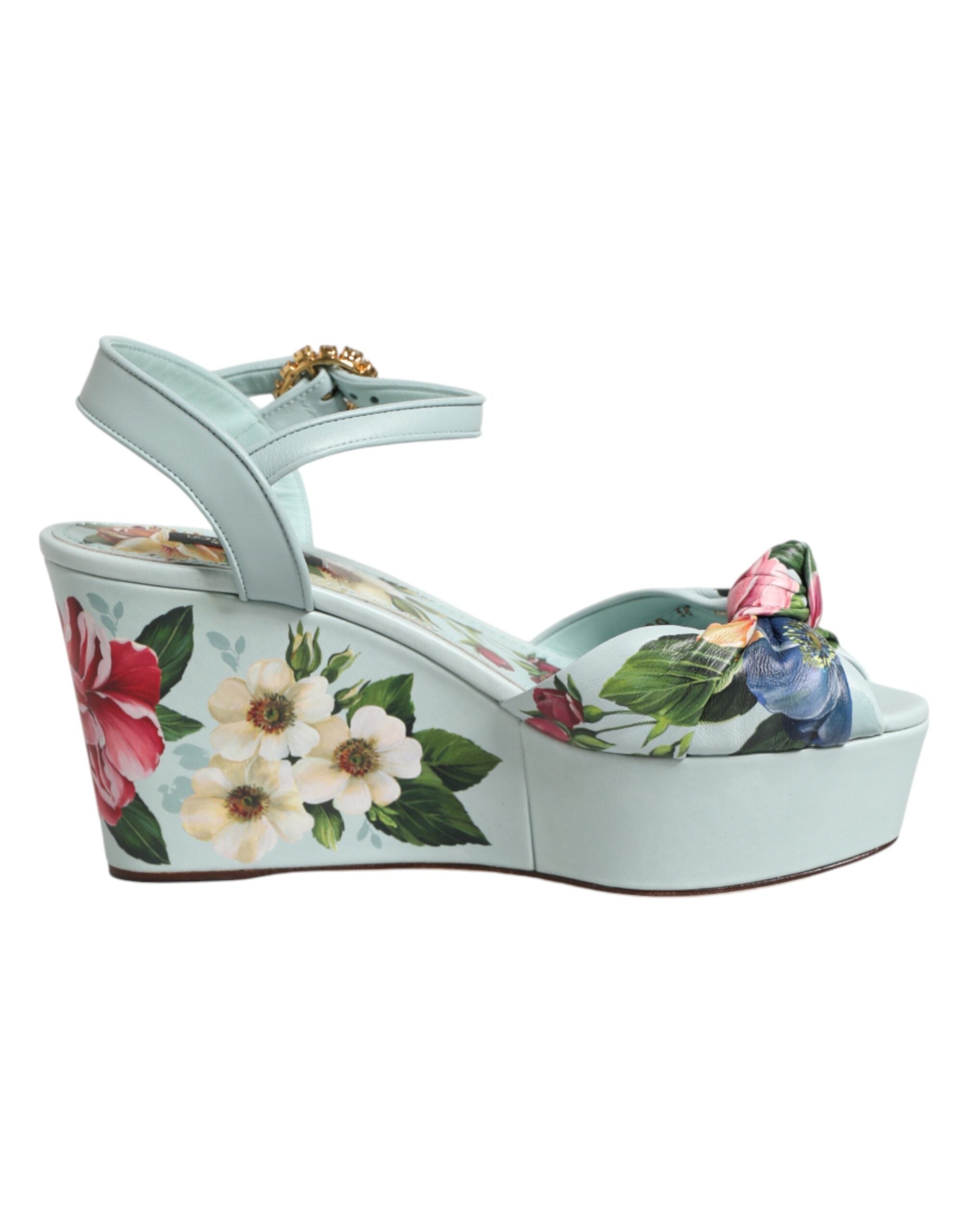 Dolce & Gabbana Grüne Blumen-Sandalen mit Knöchelriemen und Keilabsatz