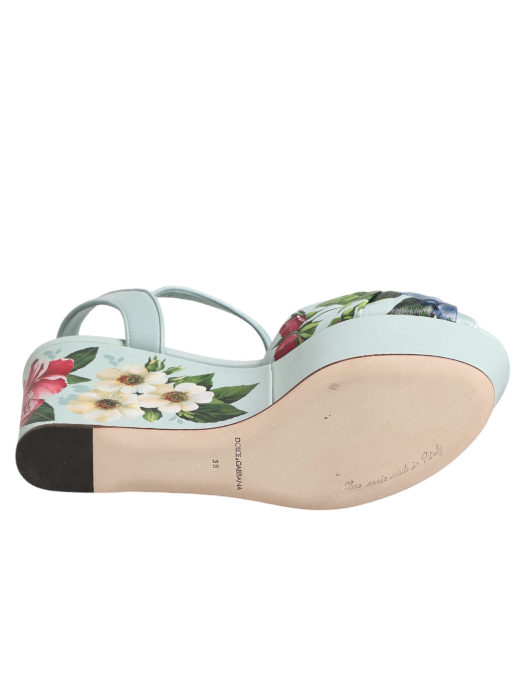 Dolce & Gabbana Grüne Blumen-Sandalen mit Knöchelriemen und Keilabsatz
