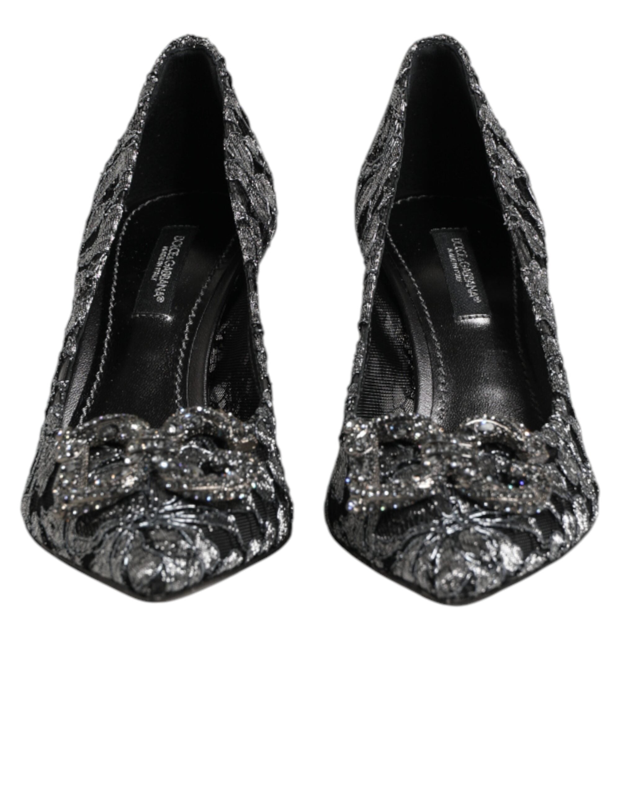 Dolce & Gabbana Silberne Spitzen-Pumps mit DG Amore Absatz