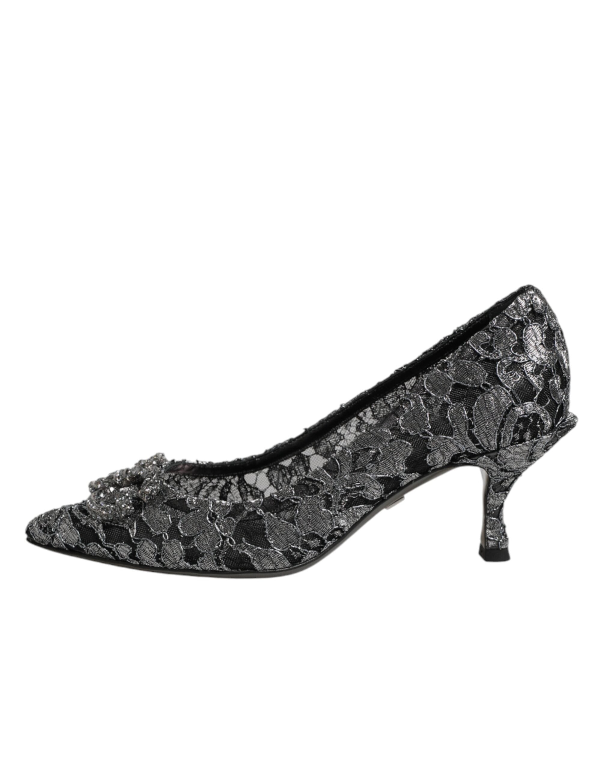 Dolce & Gabbana Silberne Spitzen-Pumps mit DG Amore Absatz