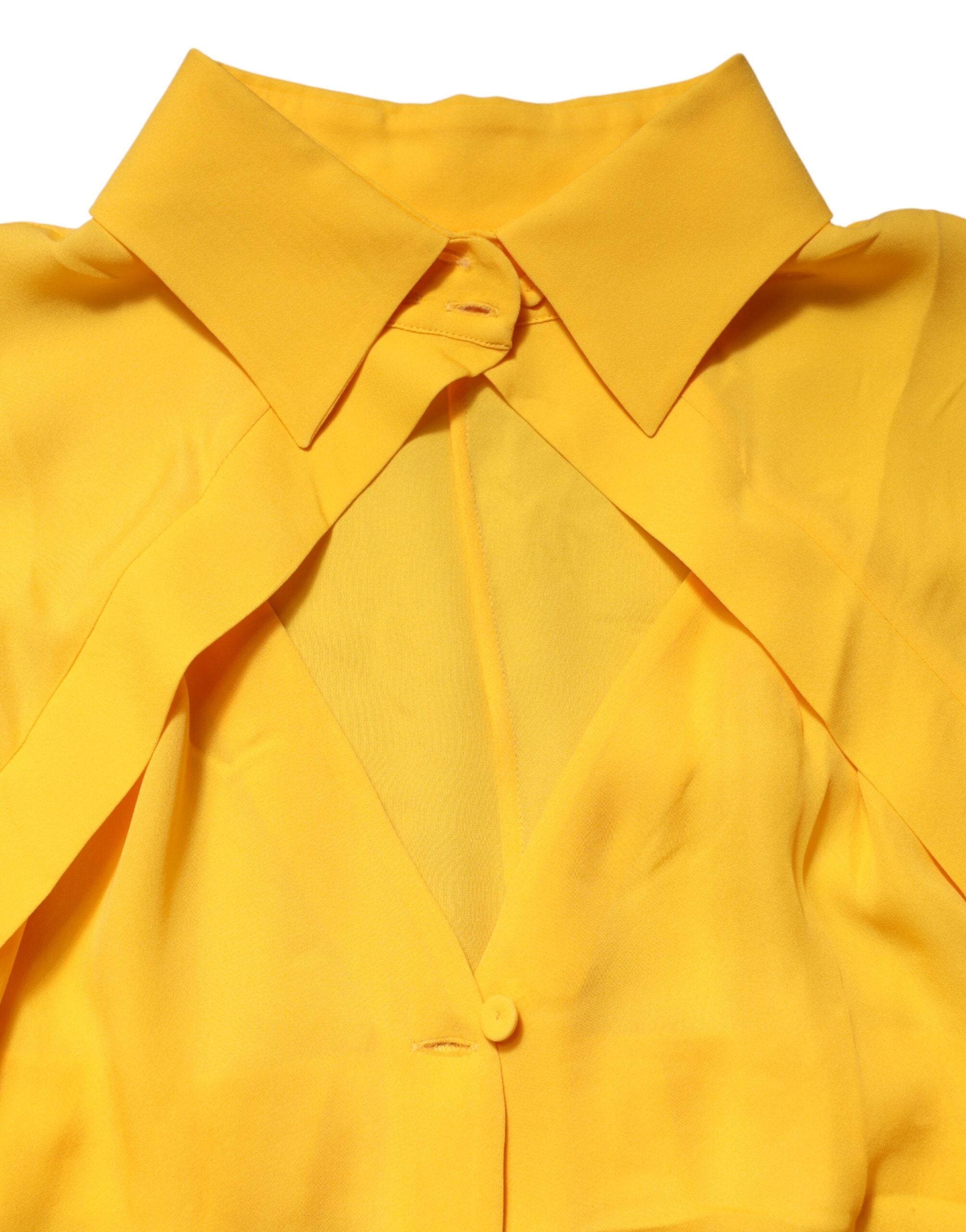 Moschino Couture Gelbes Seidenoberteil mit Kragen und langen Ärmeln