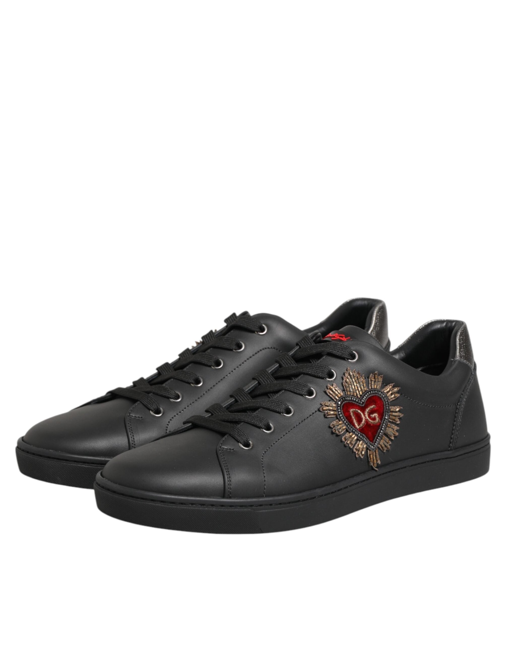 Dolce & Gabbana Schwarze Leder-Sneakers mit Herz-Verzierung