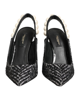 Dolce & Gabbana Weiße Slingback-Schuhe mit Schwarz-Weiß-Chevron-Muster und Kunstperlen