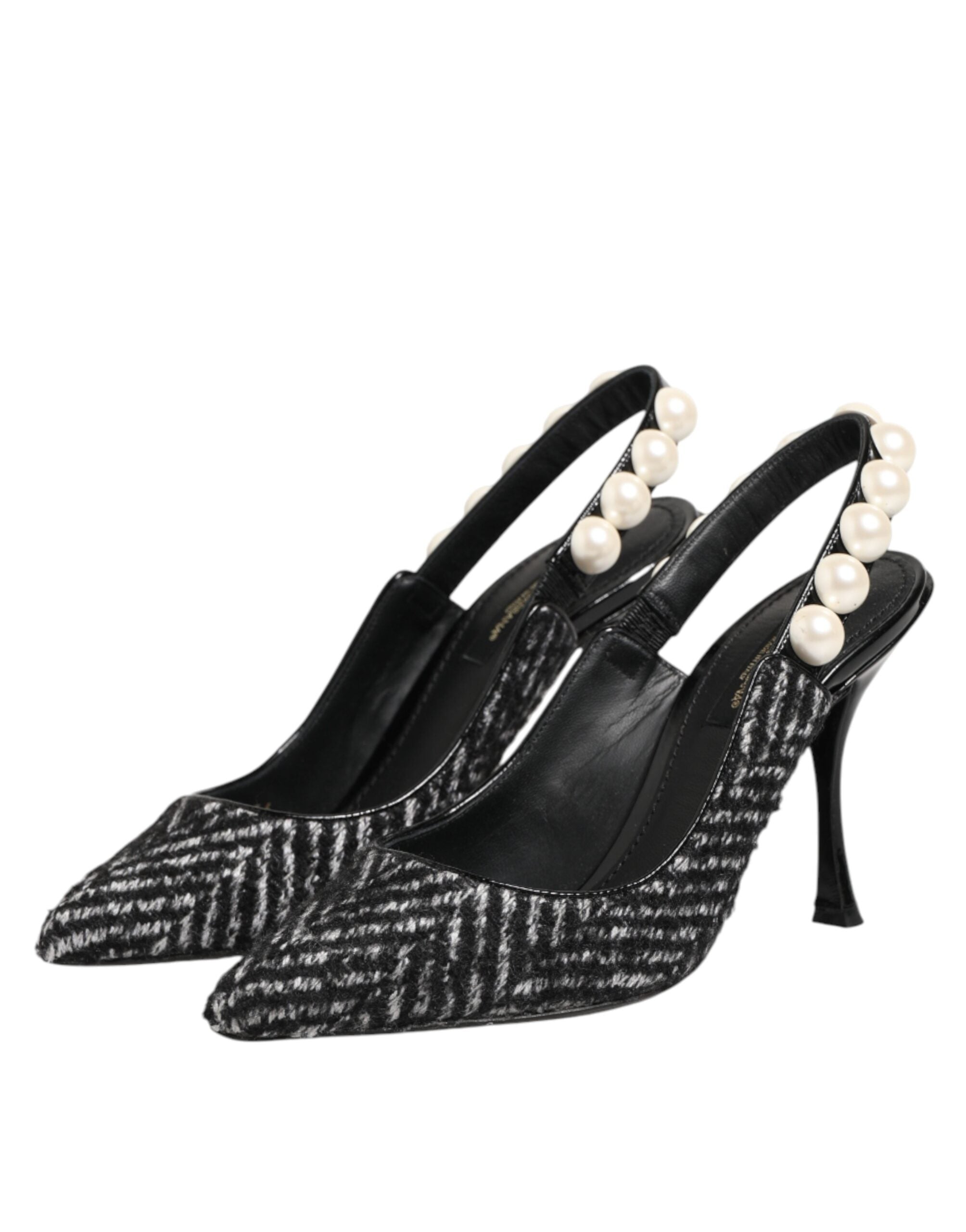 Dolce & Gabbana Weiße Slingback-Schuhe mit Schwarz-Weiß-Chevron-Muster und Kunstperlen