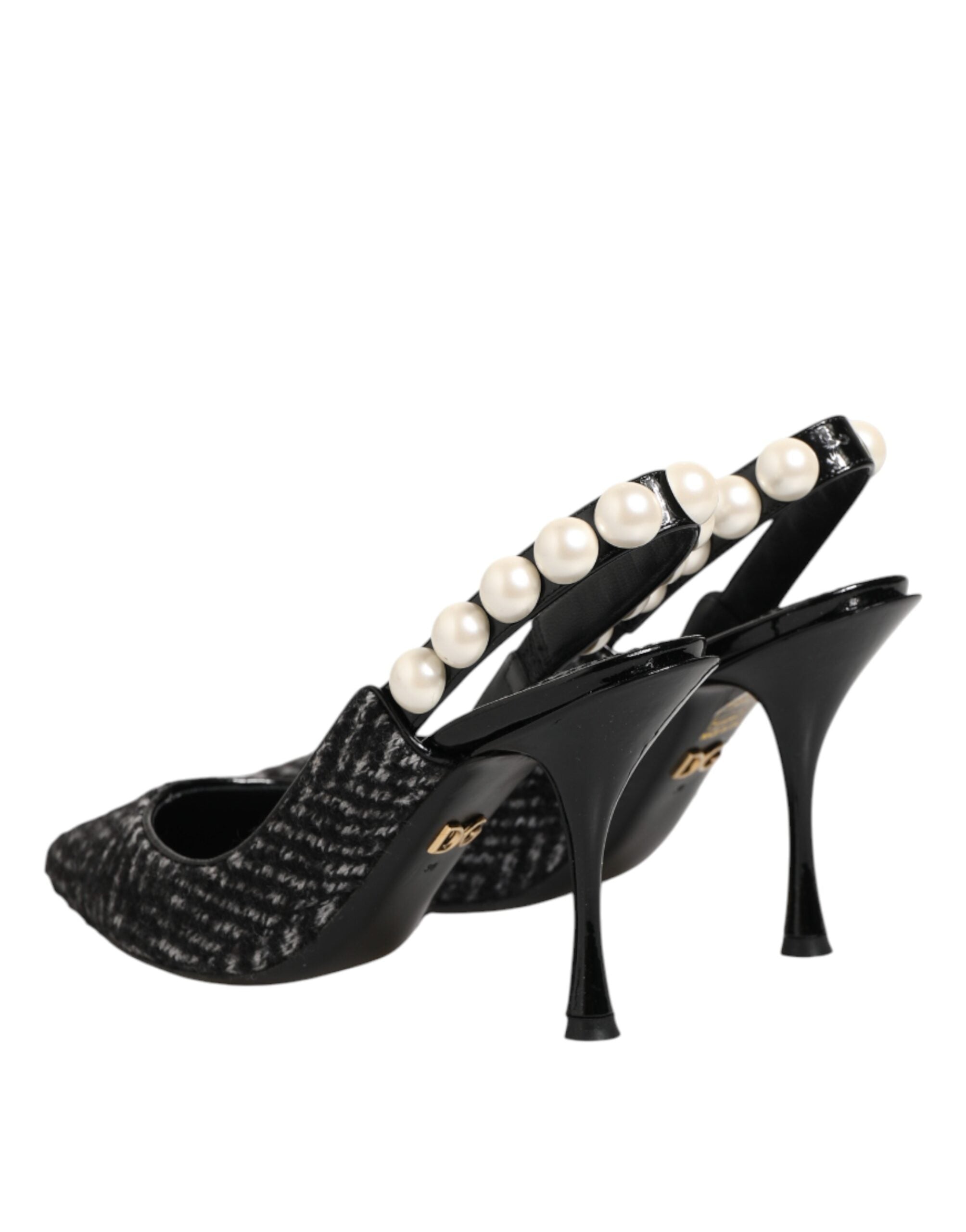 Dolce & Gabbana Weiße Slingback-Schuhe mit Schwarz-Weiß-Chevron-Muster und Kunstperlen