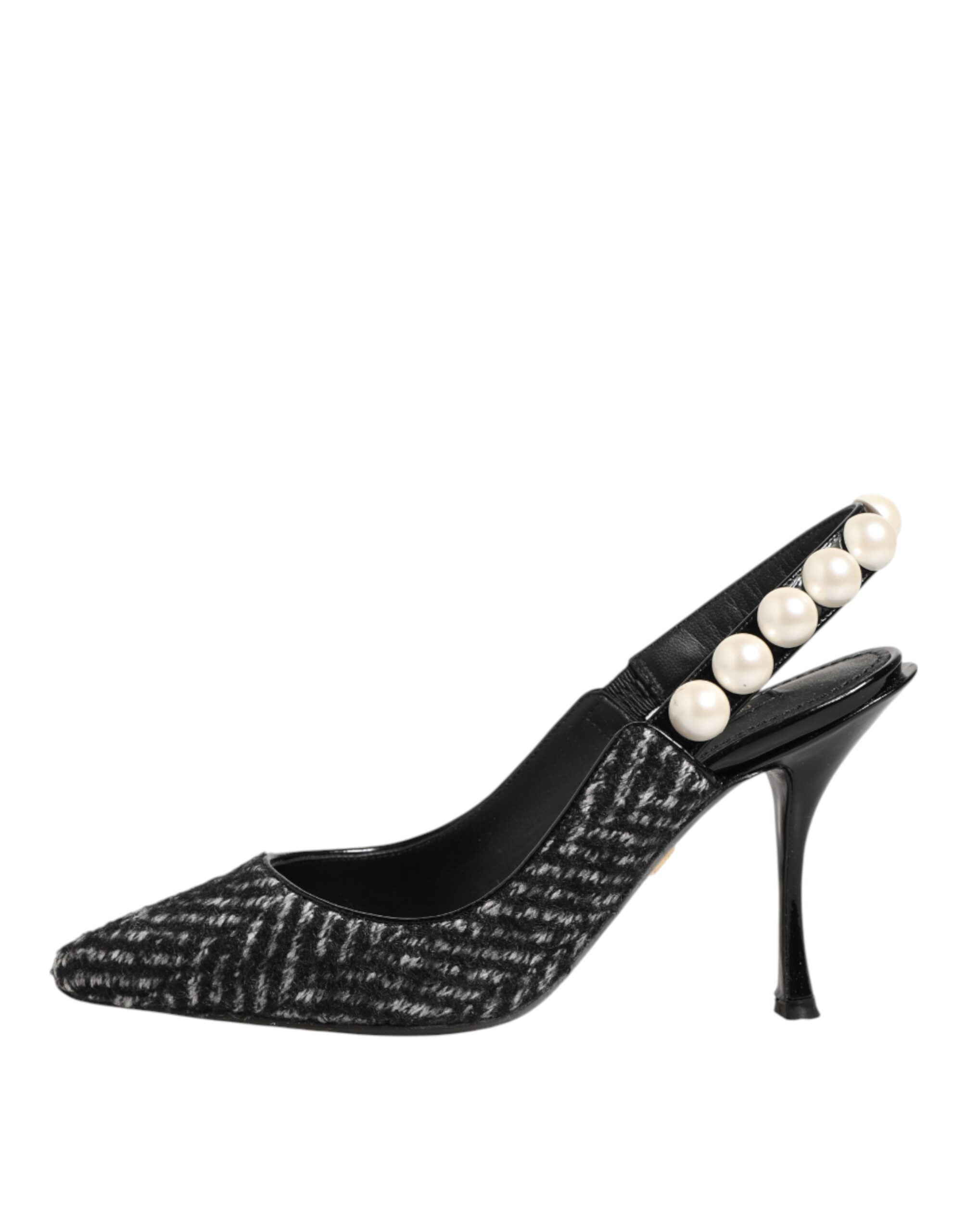 Dolce & Gabbana Weiße Slingback-Schuhe mit Schwarz-Weiß-Chevron-Muster und Kunstperlen
