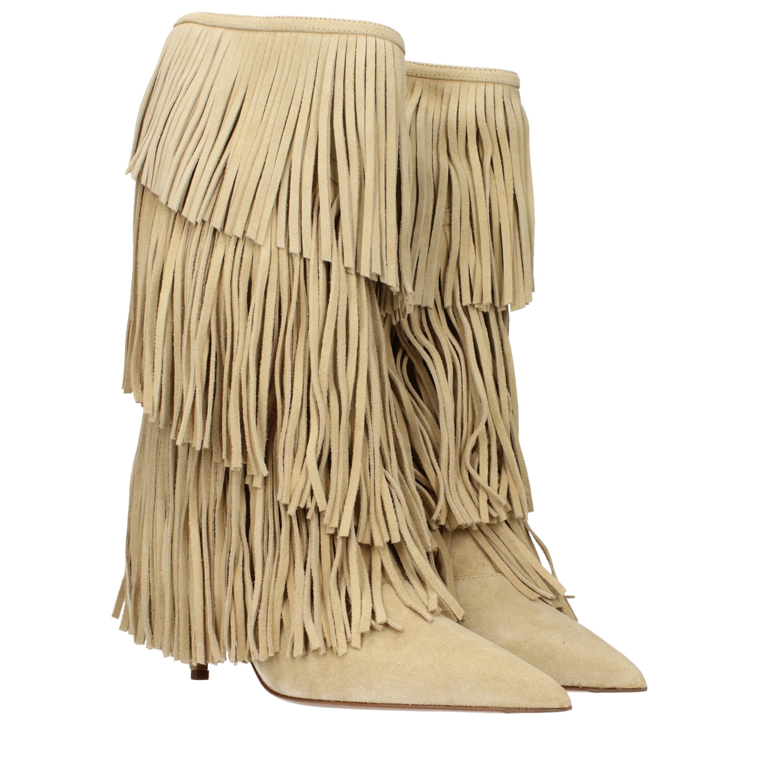Paris Texas Beigefarbene Leder-Flachstiefel