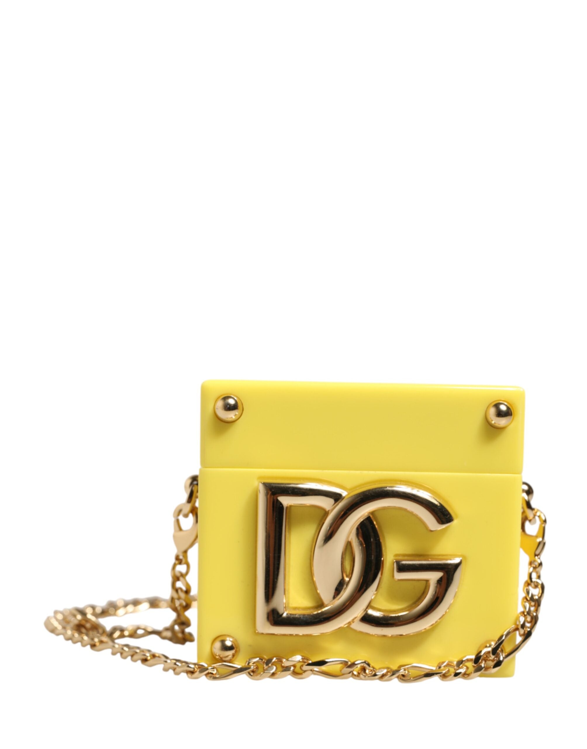 Dolce & Gabbana Gelbe AirPods-Hülle mit DG-Logo-Plakette und Goldkette