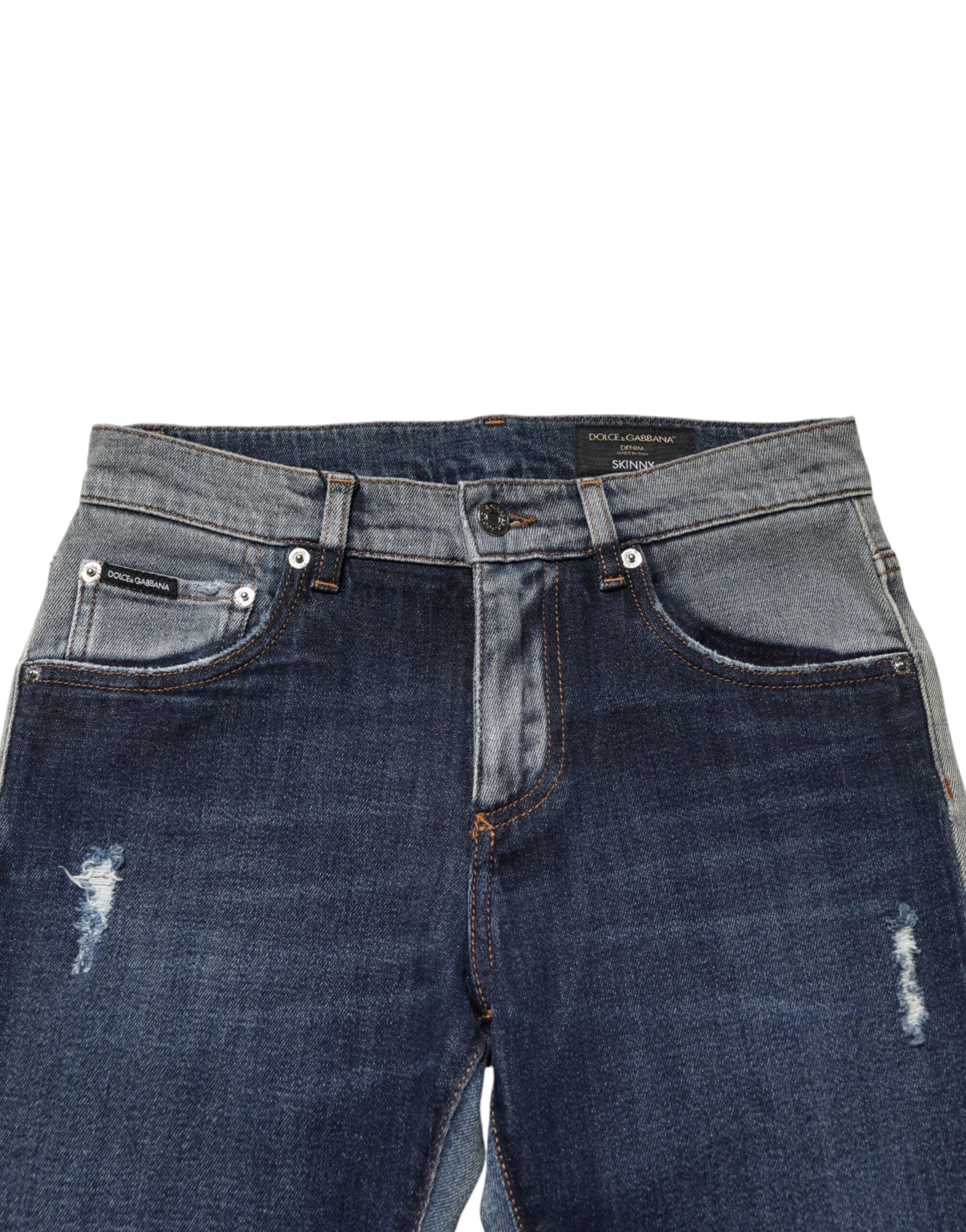 Dolce & Gabbana Blaues, zweifarbiges Baumwoll-Skinny-Jeans für Herren