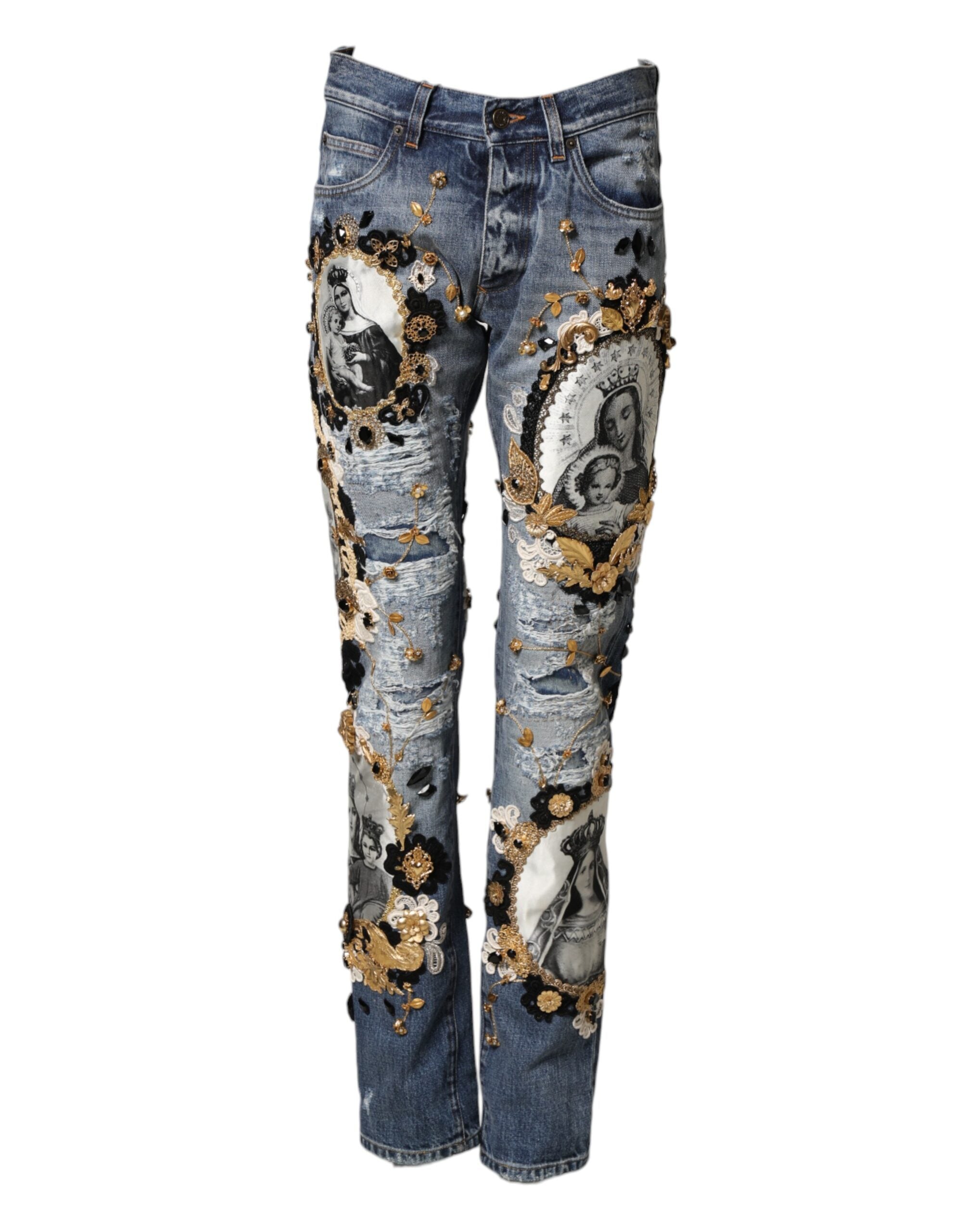Dolce & Gabbana Blaue, verzierte Jeans aus Baumwoll-Denim mit Rissen