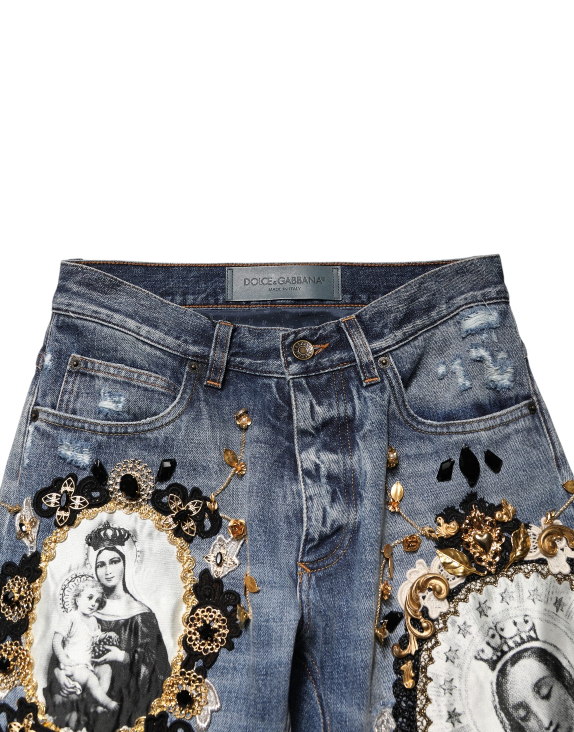 Dolce & Gabbana Blaue, verzierte Jeans aus Baumwoll-Denim mit Rissen