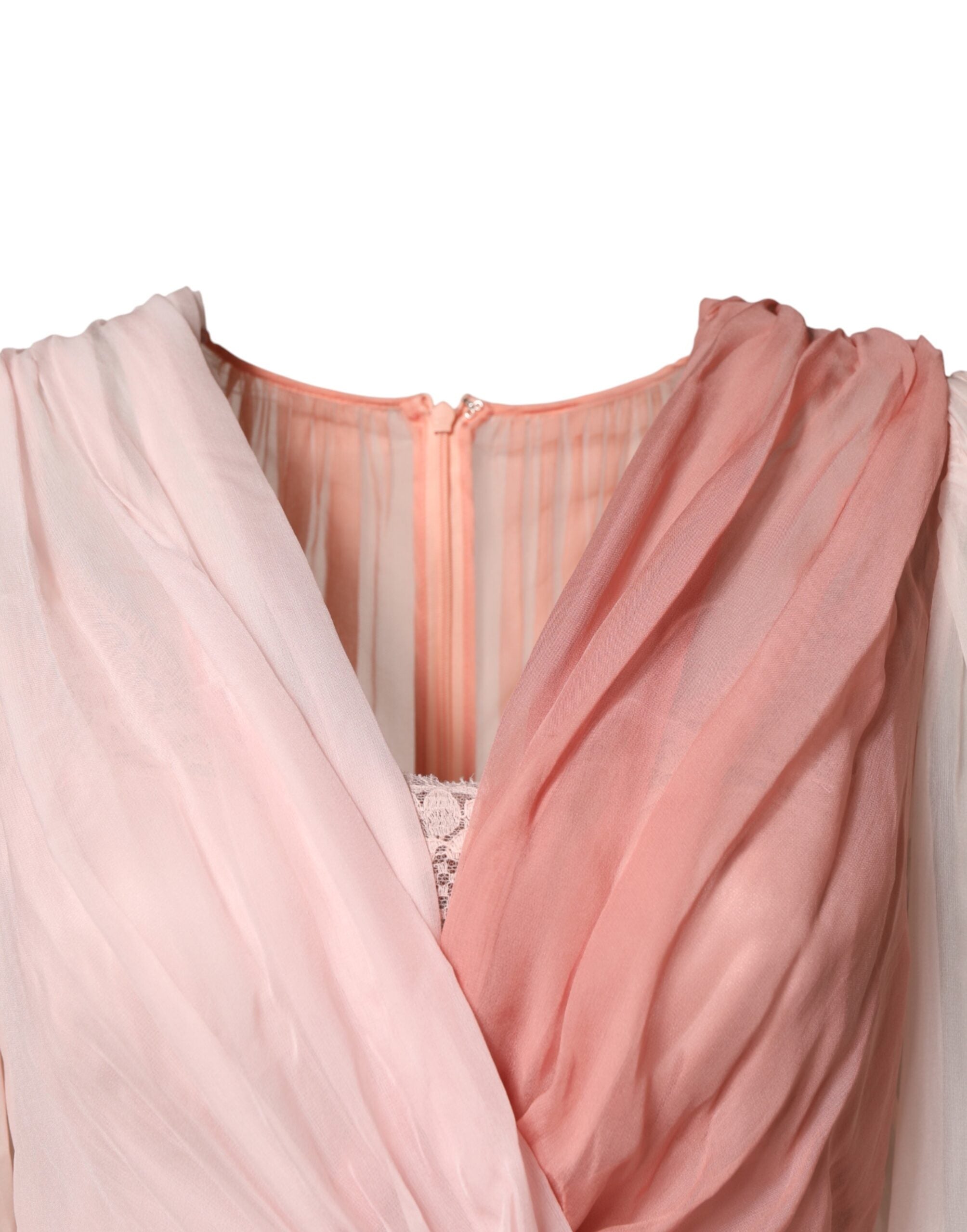 Dolce & Gabbana Rosa Seiden-Tüll Kleid mit langen Ärmeln und V-Ausschnitt