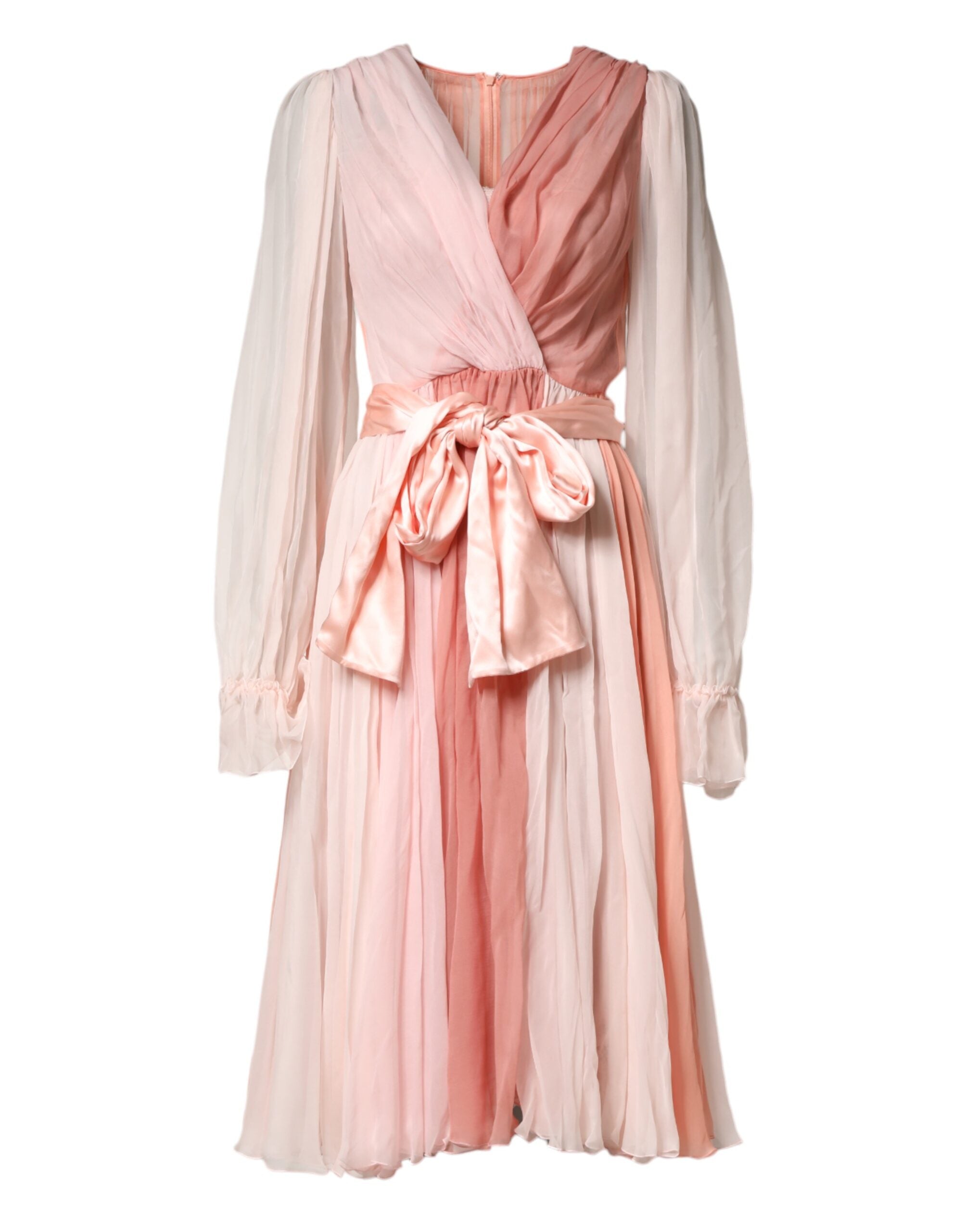 Dolce & Gabbana Rosa Seiden-Tüll Kleid mit langen Ärmeln und V-Ausschnitt