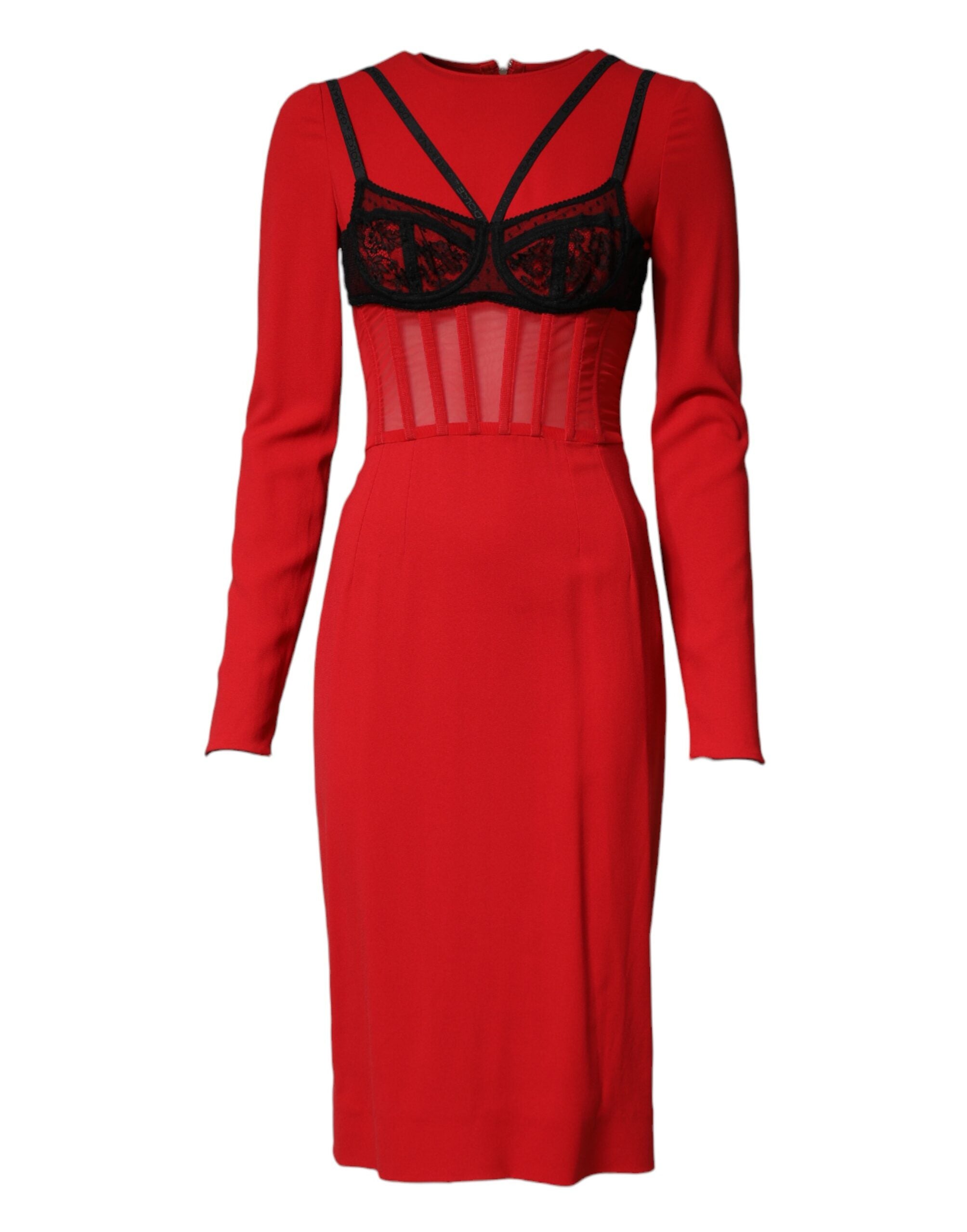 Dolce & Gabbana Schwarzes Midi-Kleid mit kontrastierendem rotem BH aus Cady