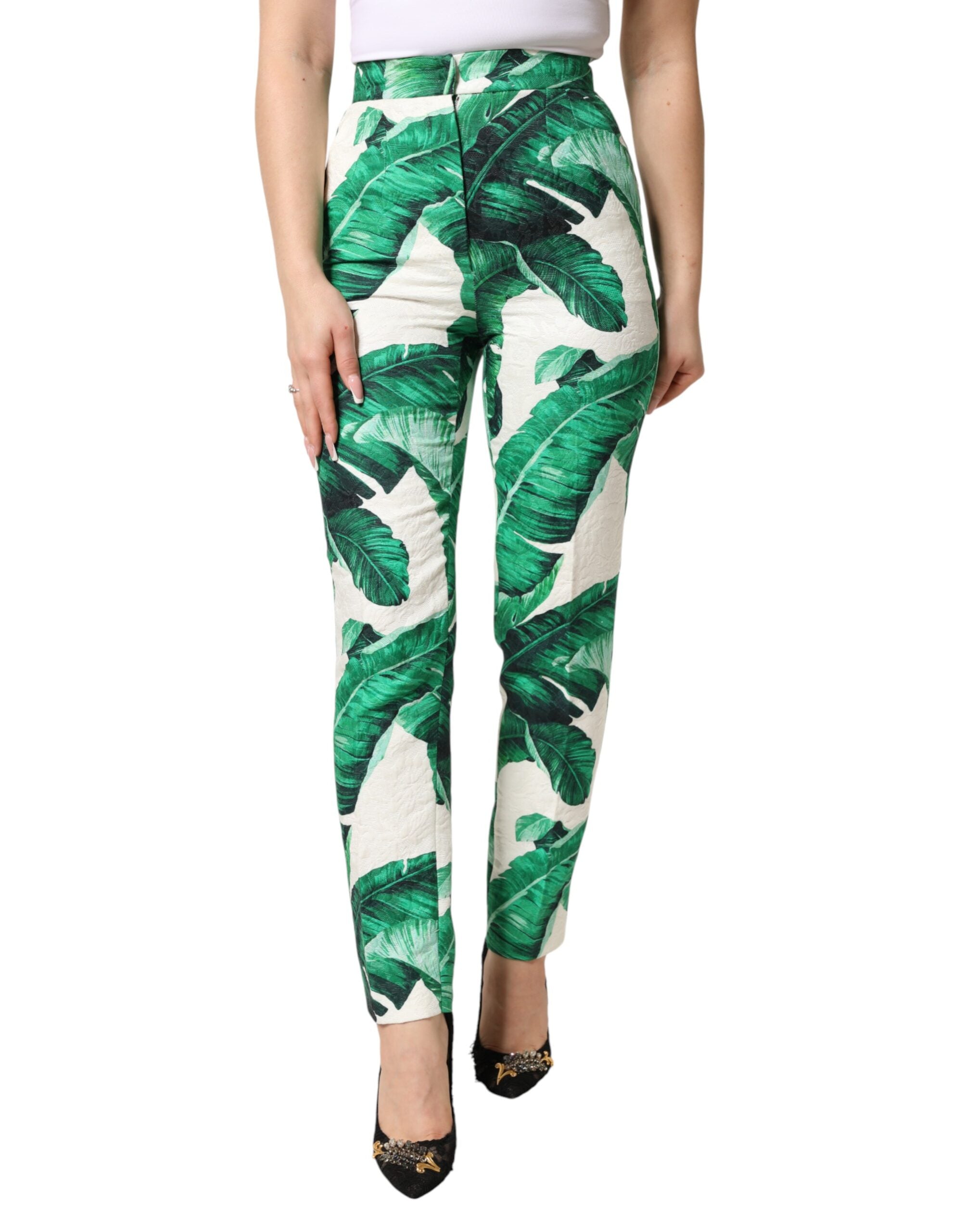 Dolce & Gabbana Weiße Hose mit hohem Bund und grünem Blattmuster