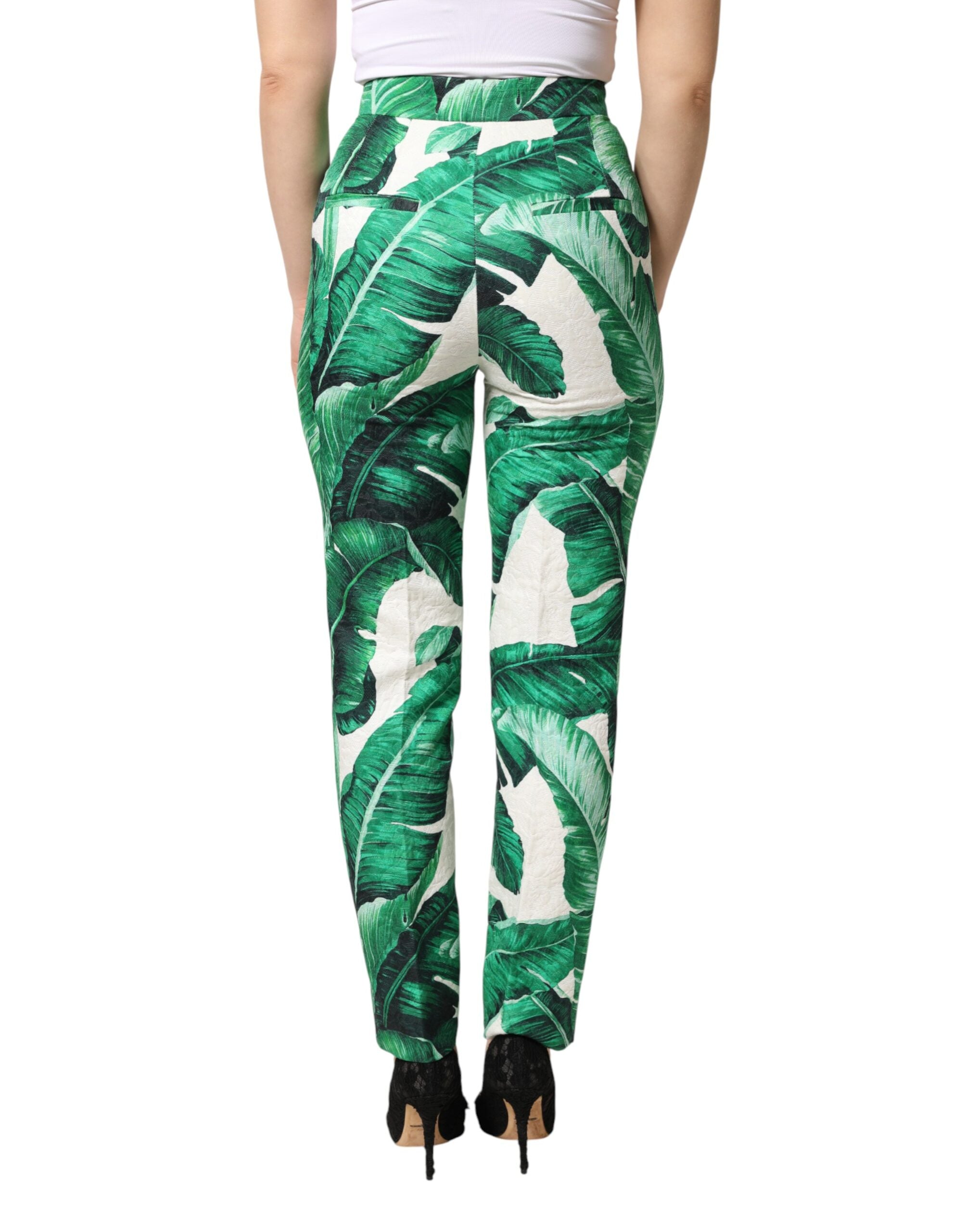 Dolce & Gabbana Weiße Hose mit hohem Bund und grünem Blattmuster
