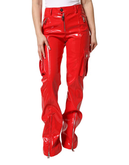 Dolce & Gabbana Rote, glänzende Polyester-Cargo-Bootcut-Hose