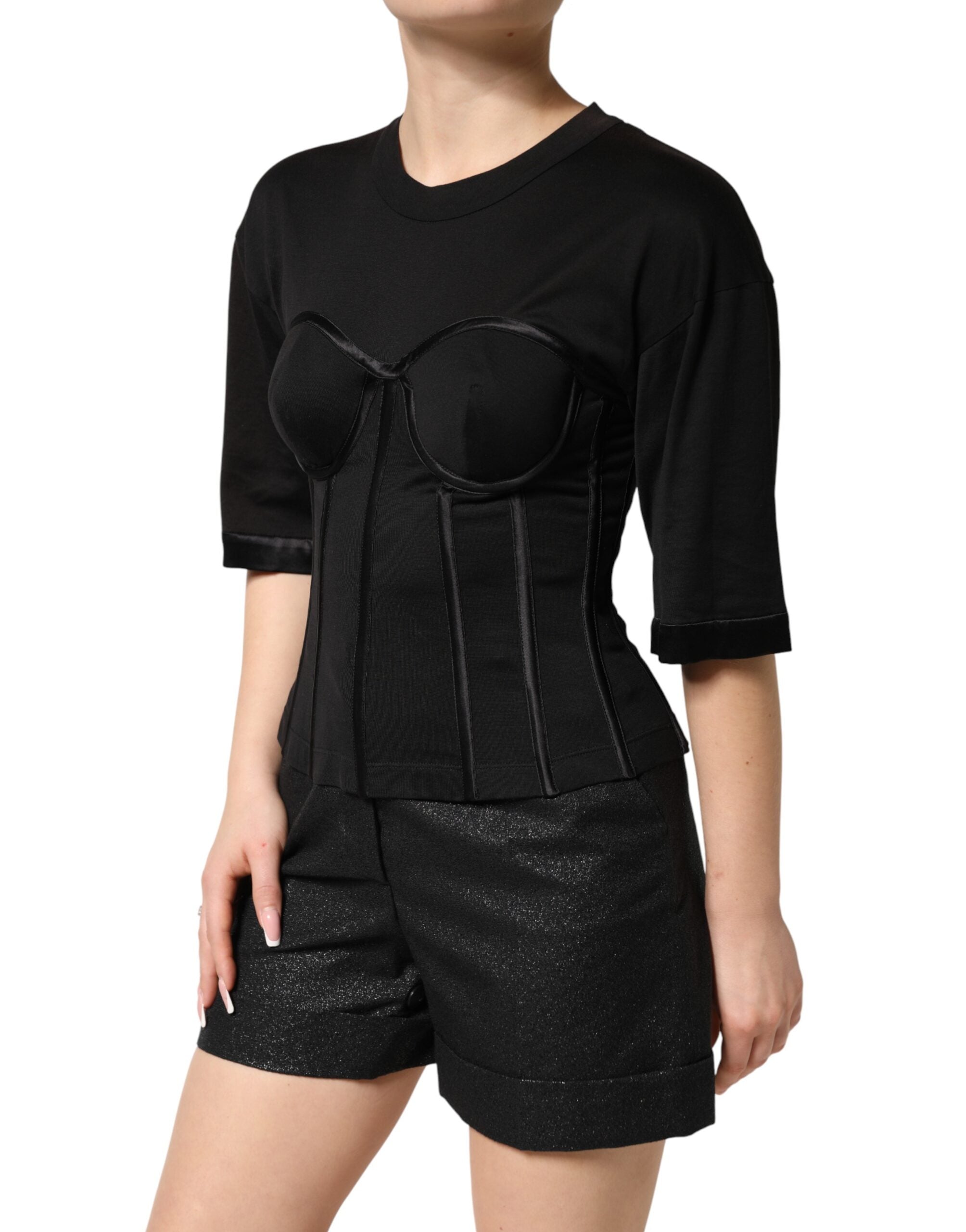 Dolce & Gabbana Schwarzes Baumwoll-Korsett-Bustier-T-Shirt mit kurzen Ärmeln