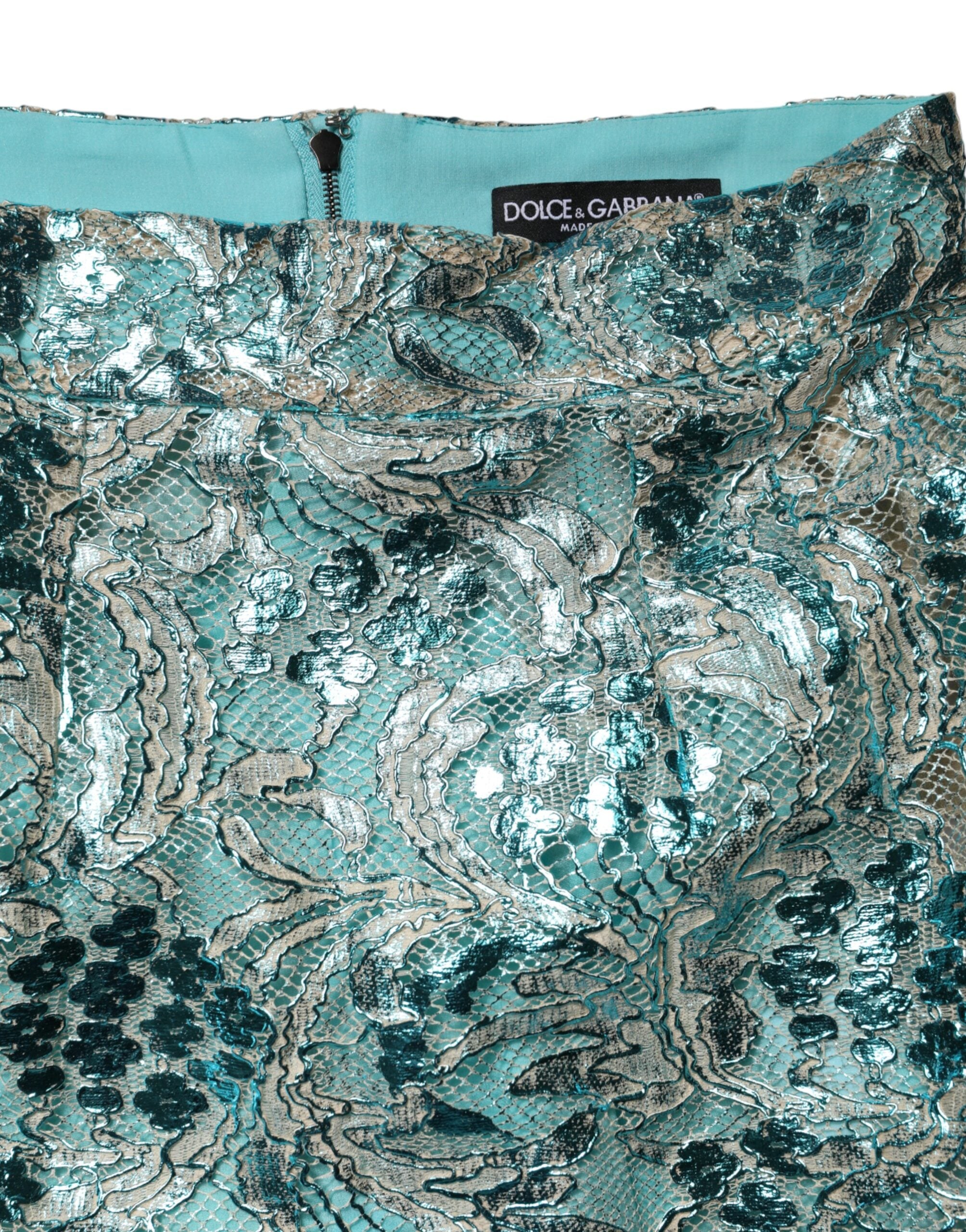 Dolce & Gabbana Blauer Blumen-Brocat Mini-Rock mit hohem Bund