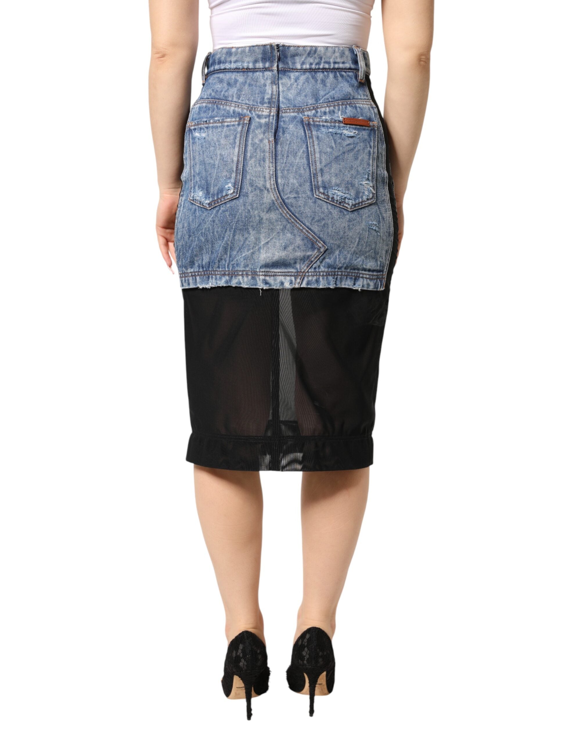 Dolce & Gabbana Blau-Schwarzer Baumwoll-Denim-Midi-Rock mit transparenten Einsätzen