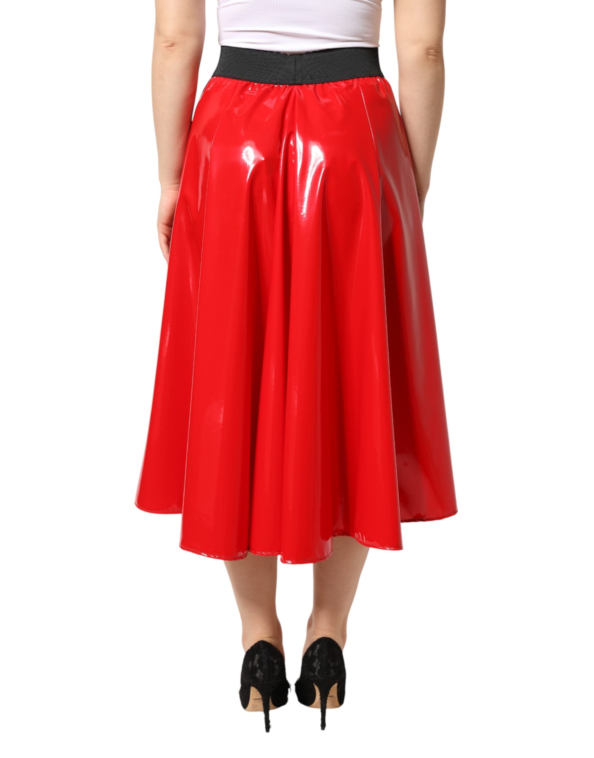 Dolce & Gabbana Glänzender Roter Polyester-Midirock mit hoher Taille