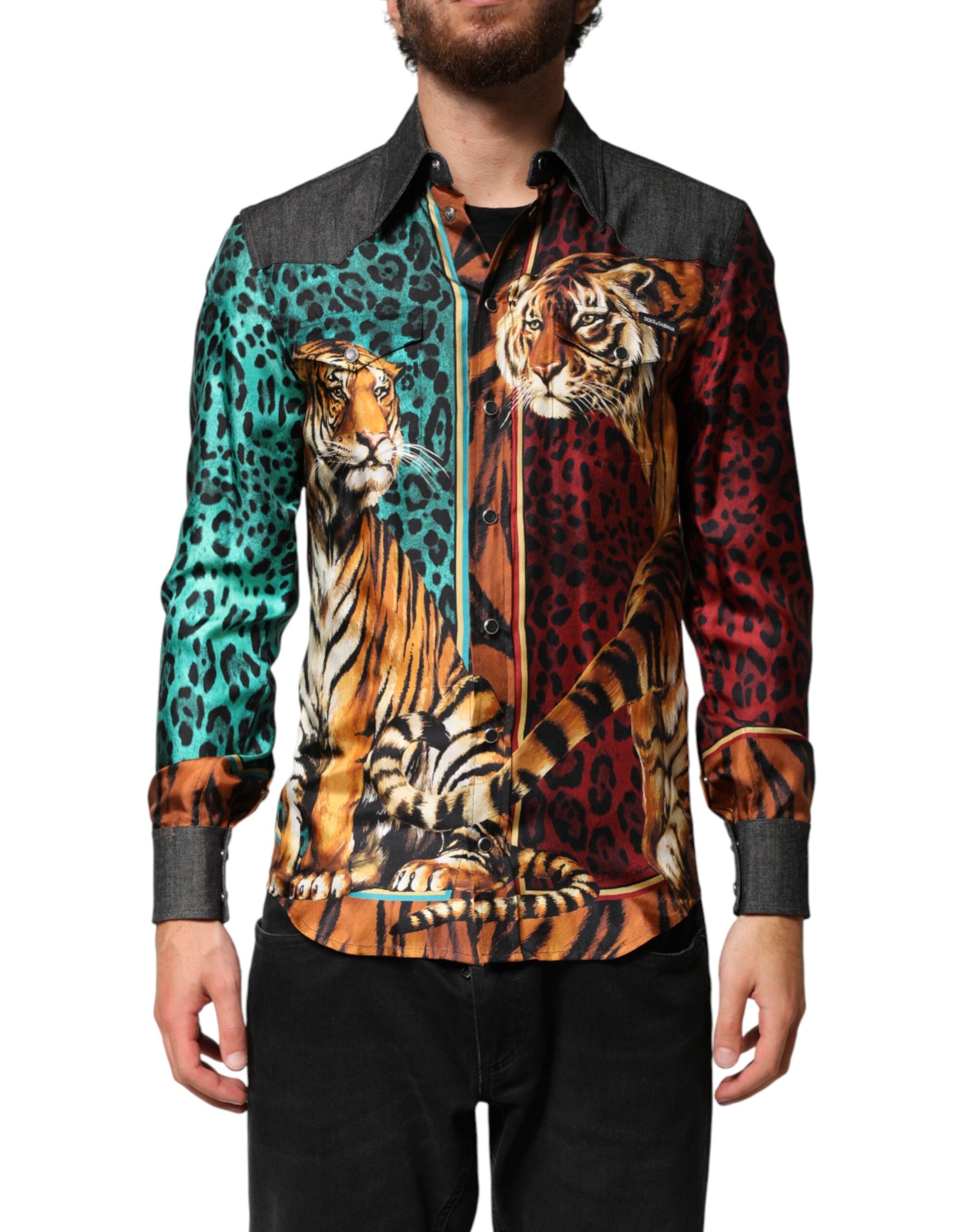 Dolce & Gabbana Mehrfarbiges Seidenhemd für Herren mit Tiger- und Leoparden-Print